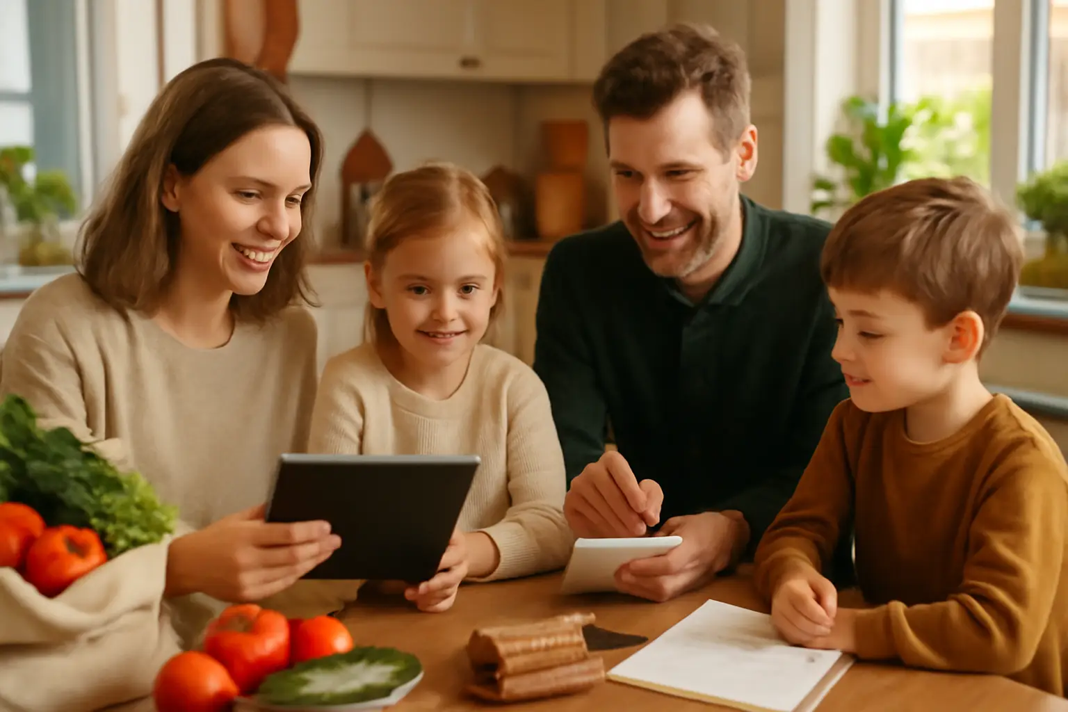 En mysig svensk familjeköksscen med flera familjemedlemmar som sitter tillsammans och går igenom en gemensam inköpslista på surfplatta och skrivblock.