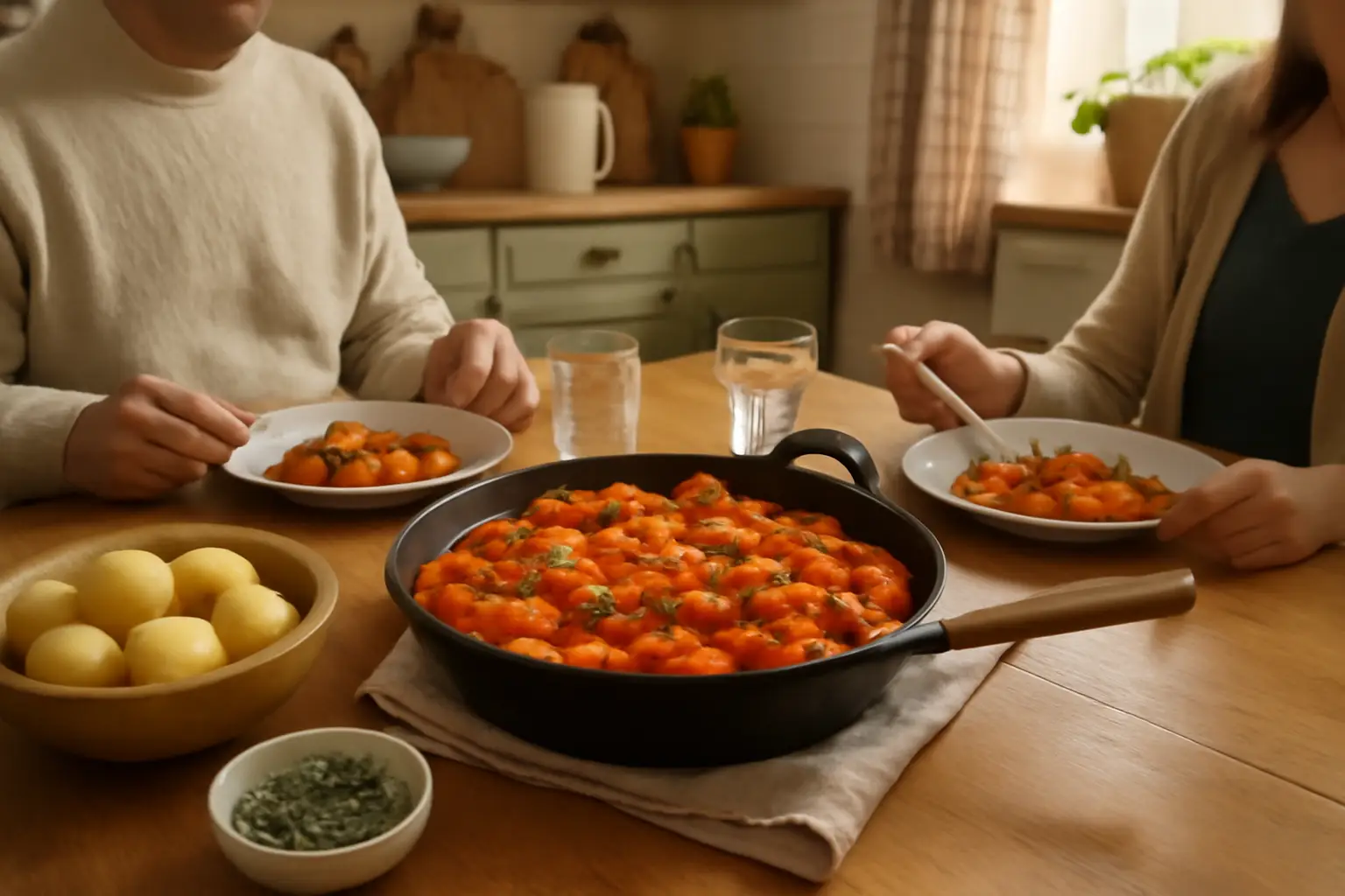 En värmande familjemiddag serverad i en mysig svensk köksmiljö med färgglada rotfrukter och korvgryta på bordet