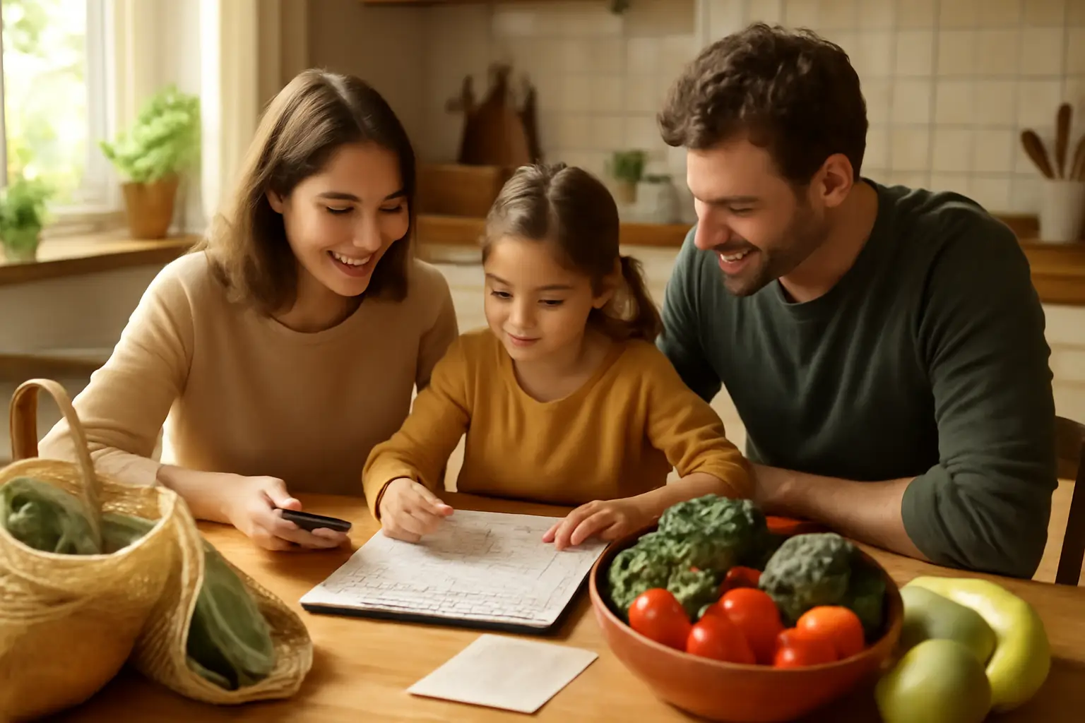 Ett solbelyst köksbord med en familj som tillsammans bläddrar i en matplaneringskalender, med färska grönsaker och frukt i förgrunden.