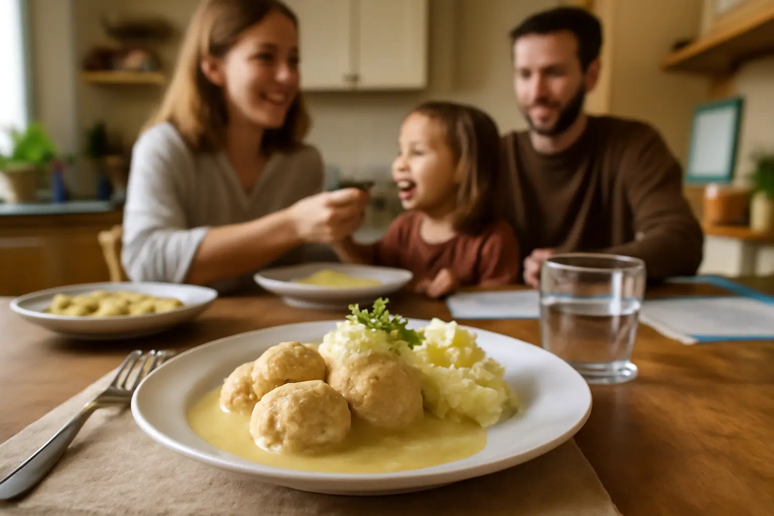 En varm tallrik med fiskbullar i senapssås, potatismos och dill, serverad på ett köksbord med familj i bakgrunden
