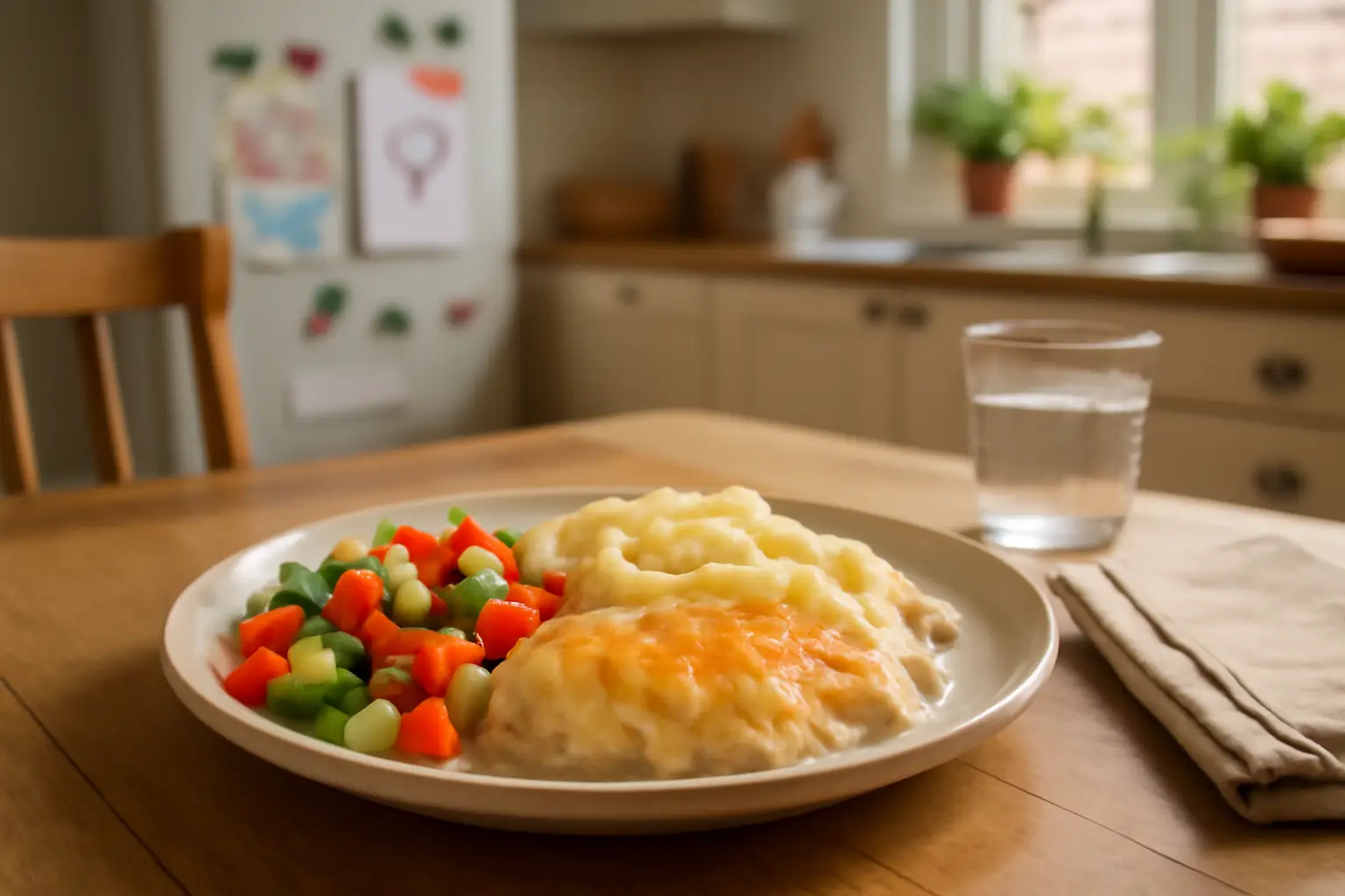 En varm tallrik fiskgratäng med krämigt potatismos och färgglad grönsakssallad på ett köksbord i ett ljust svenskt kök, med barnens teckningar på kylskåpet i bakgrunden.