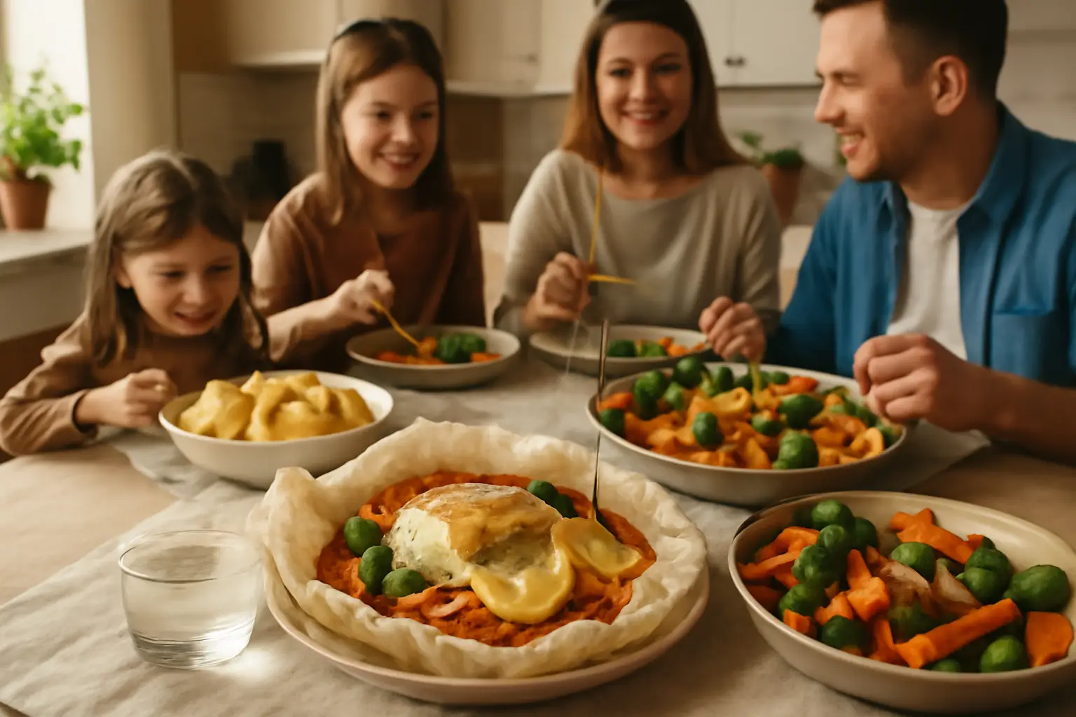 En dukad familjemiddag med ugnsbakade fiskpaket tätt intill färgglada grönsaker och citronklyftor, i ett ljust kök med familjen samlad runt bordet.