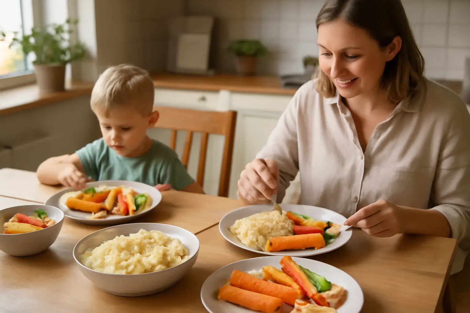 Barnvänlig familjemiddag i ett ljust svenskt kök med hemmagjorda fiskpinnar, potatismos och färgglada grönsaksstavar på tallrikar.