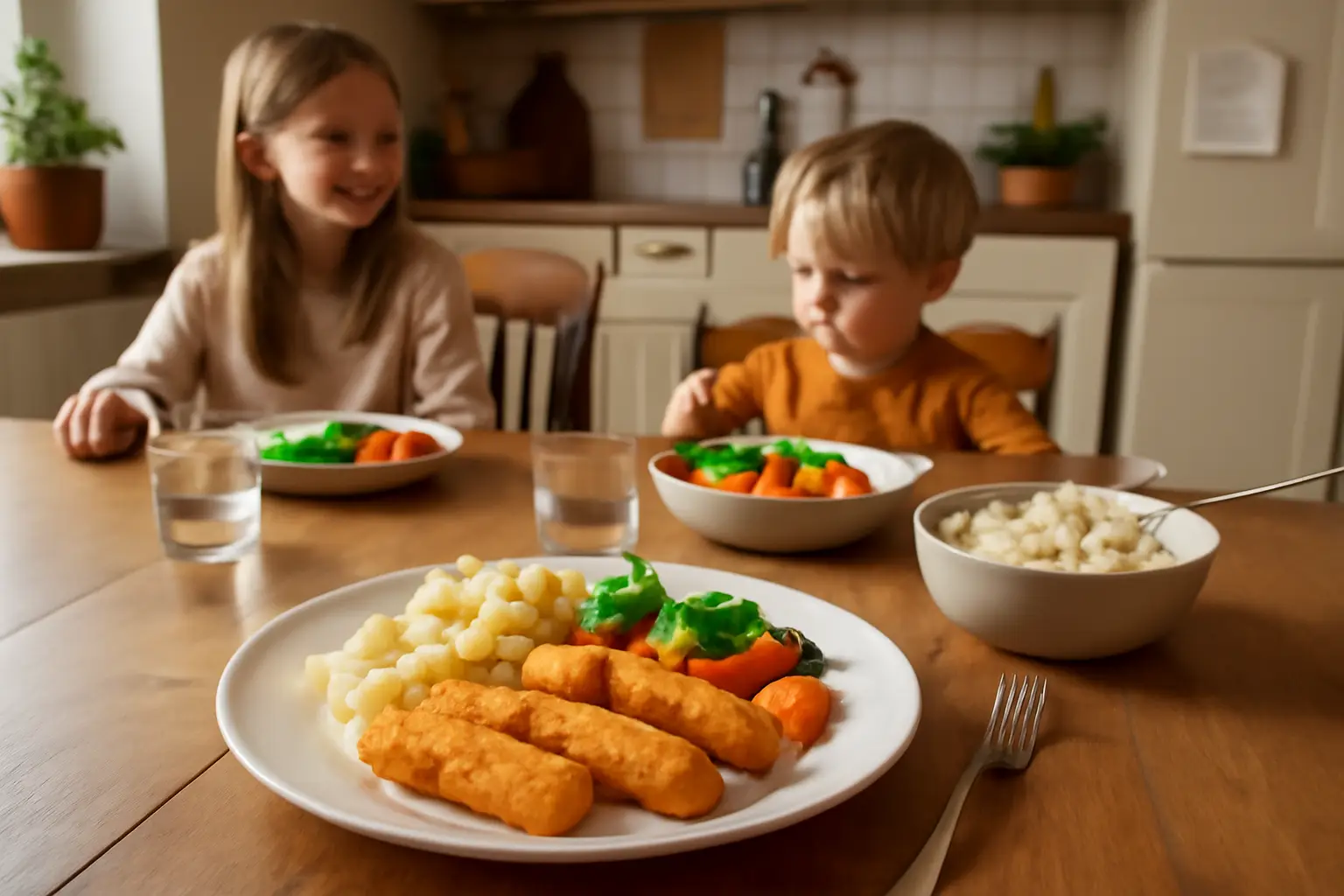 Ett familjebord med en tallrik hemgjorda fiskpinnar, fluffigt potatismos och ångade grönsaker i ett svenskt kök med barn som väntar på att äta.