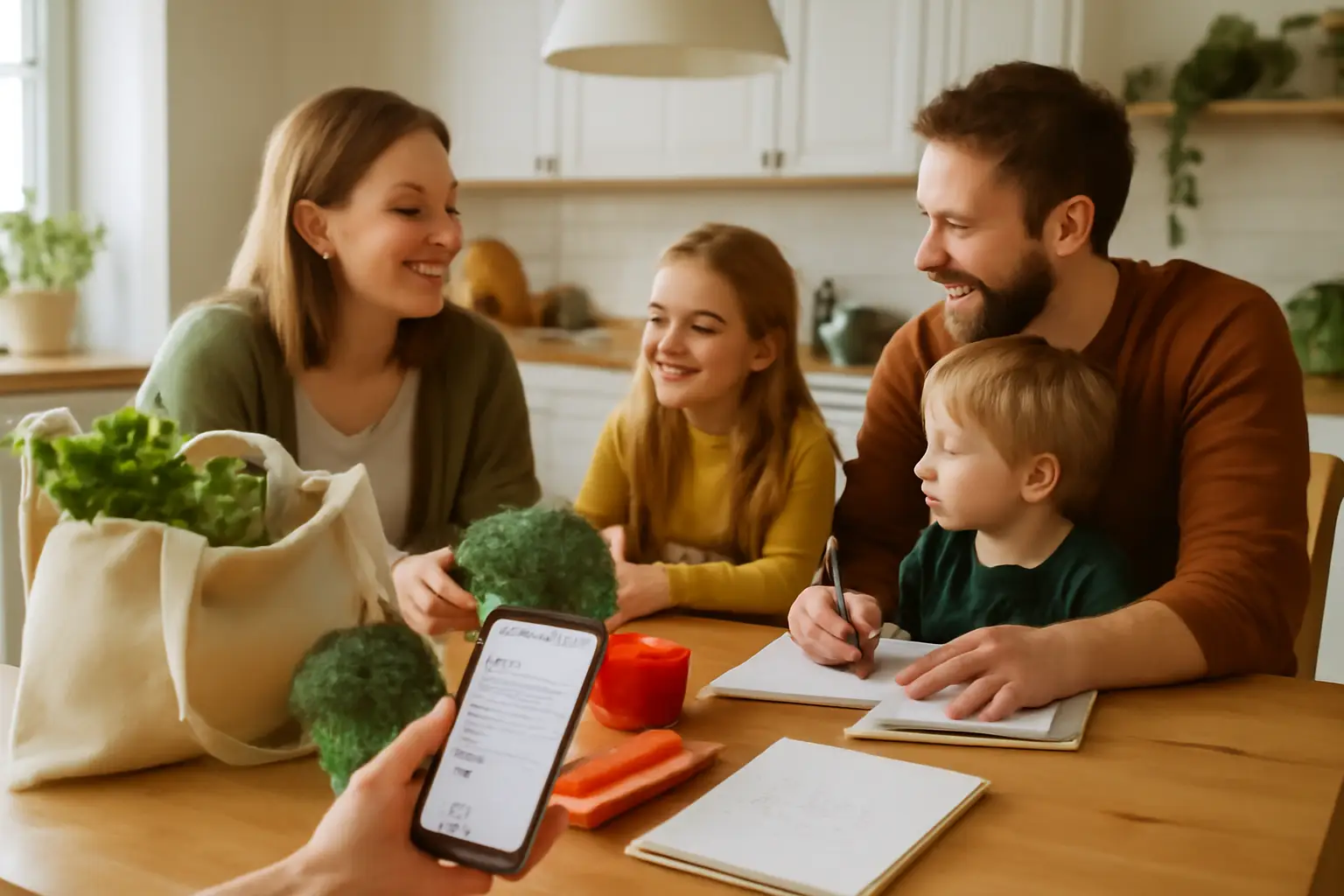 En familj i ett ljust kök, planerar veckans mat runt bordet med färska grönsaker och en shoppinglista på mobilen i förgrunden