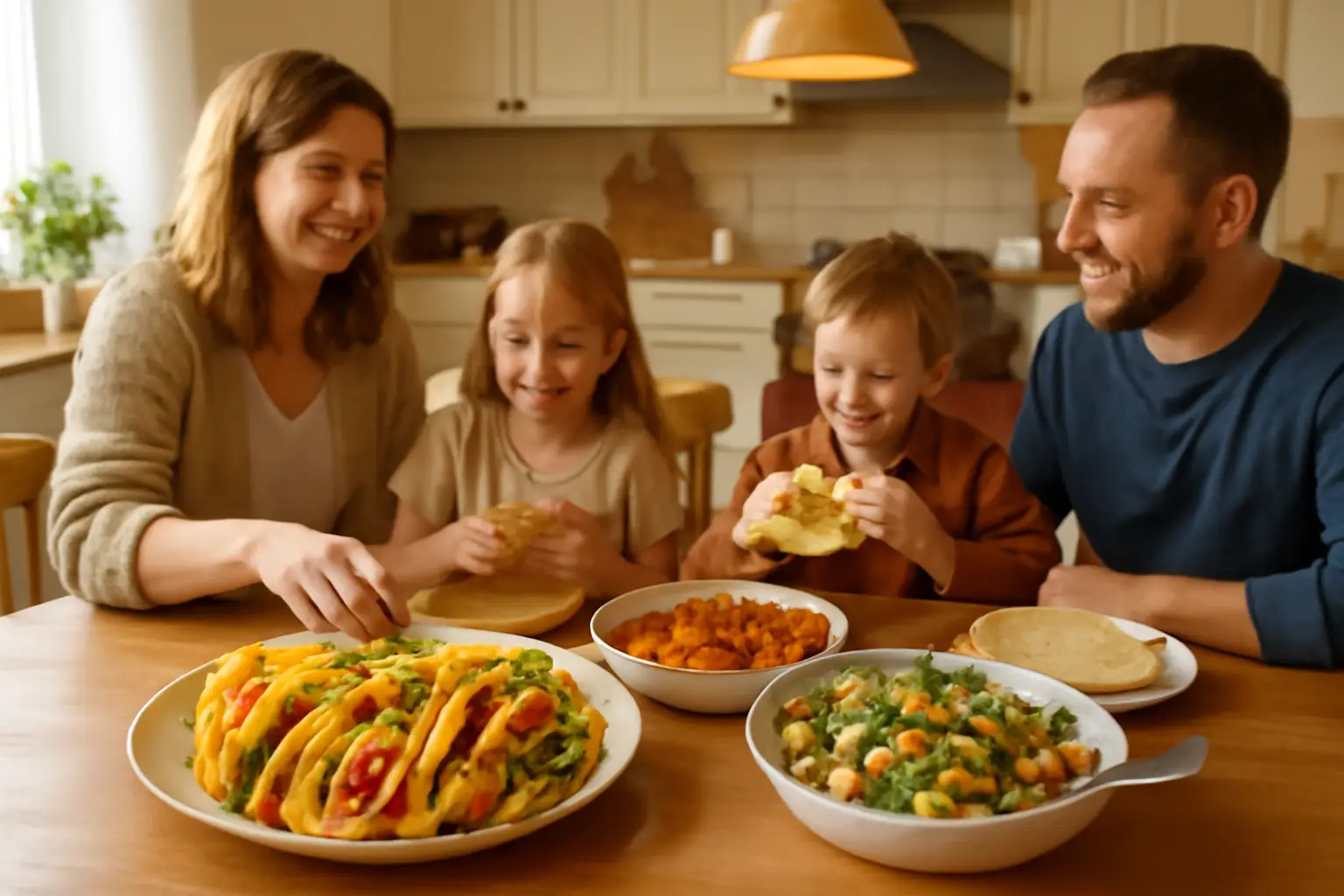 En varm och inbjudande köksmiljö med en familj som sitter runt bordet, där krispiga kycklingtacos med avokadosallad står på bordet, ljuset är mjukt och somrigt.