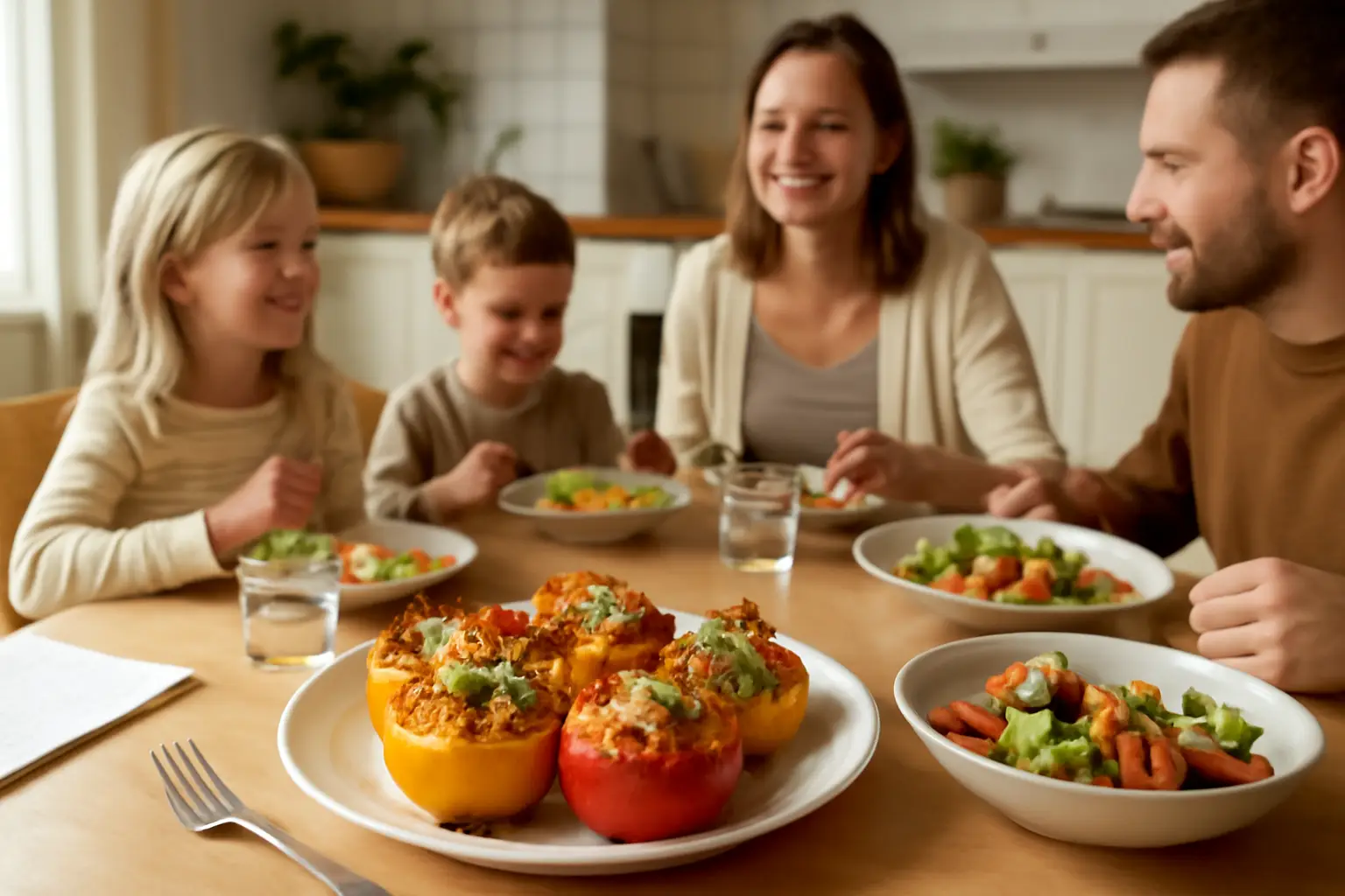 Ett köksbord med en tallrik fyllda paprikor, färgglad sallad och familjemedlemmar runt bordet i ett ljust svenskt hem