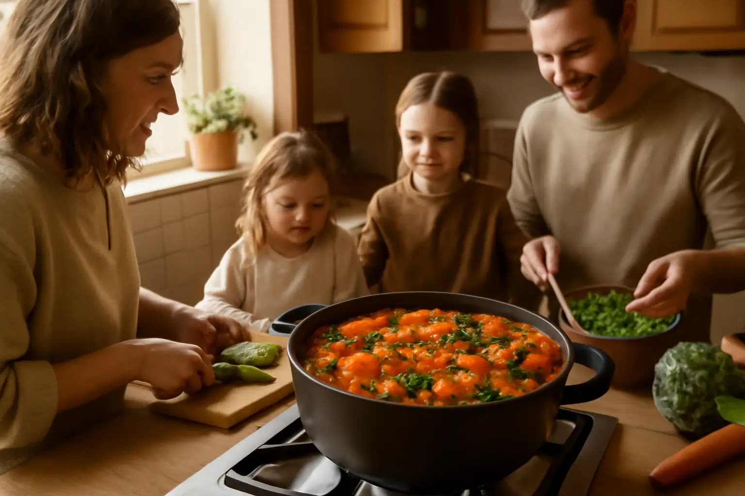Ett varmt och inbjudande kök med en gryta full av färgglada, mustiga grönsaker och linser på spisen, omgiven av familjemedlemmar som förbereder mat tillsammans.