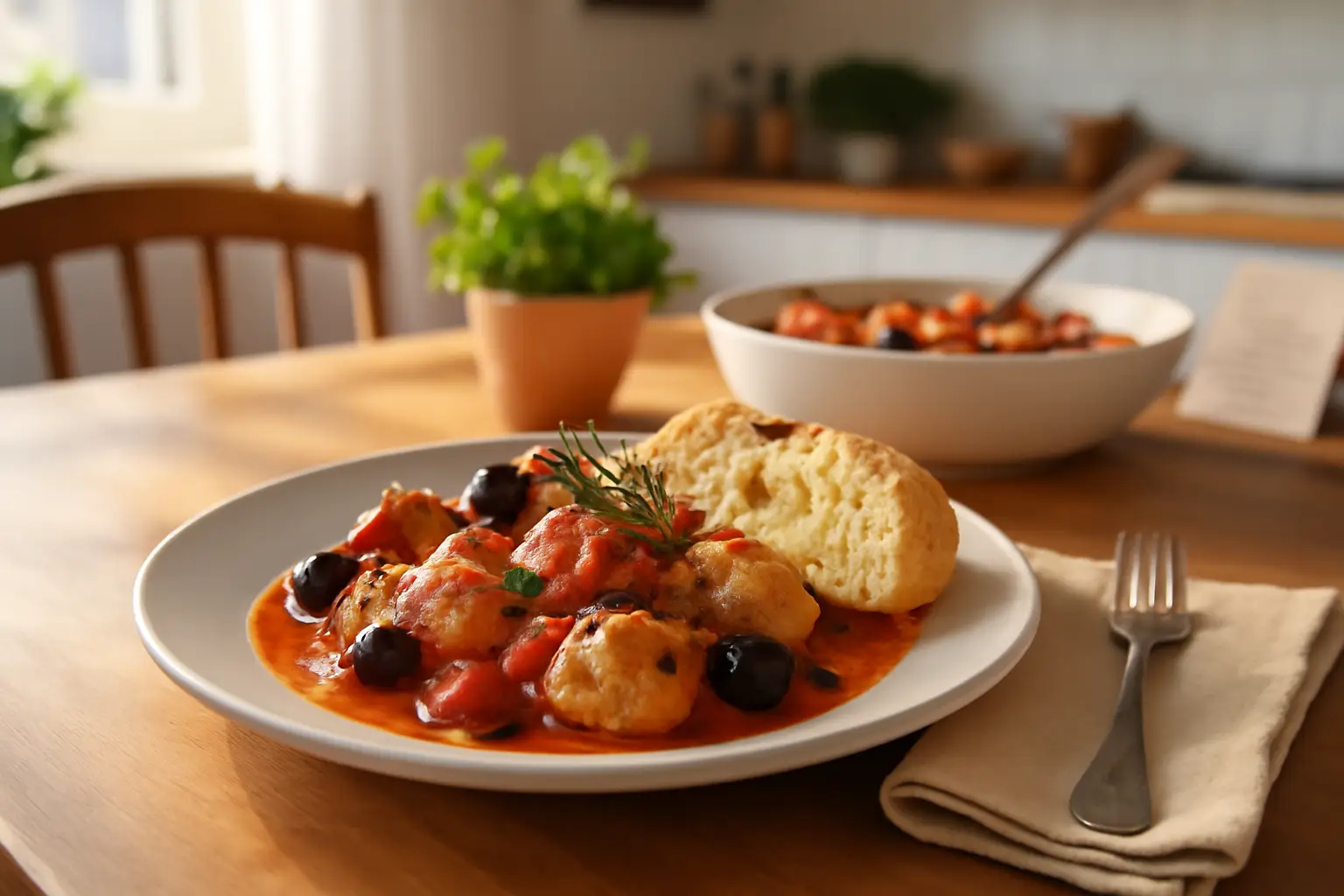 En varm och inbjudande tallrik med italiensk kycklinggryta, färska örter och ett rustikt bröd på matsalsbordet i ett ljust svenskt hem.