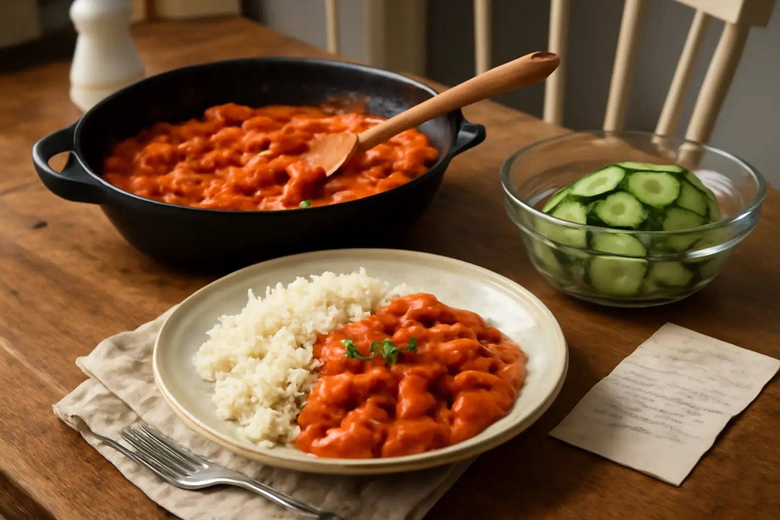 Ett rustikt köksbord med en gryta korvstroganoff, en skål med ris och en skål fräsch gurksallad, omgivna av köksredskap och en handskriven receptlapp.