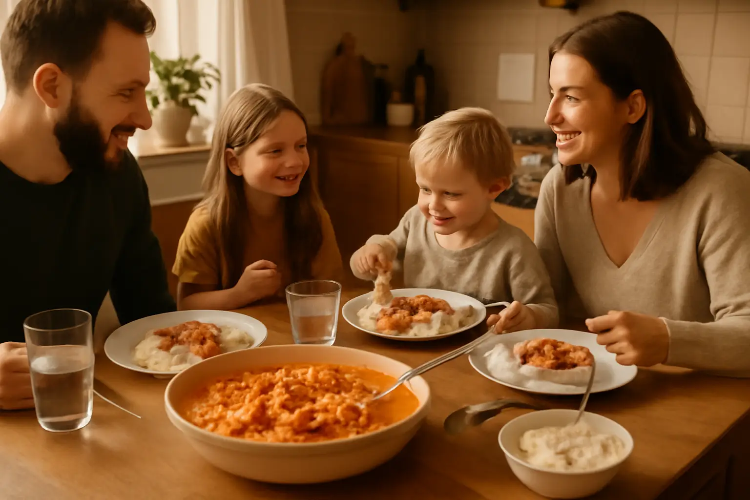 Ett mysigt kök med en dukad familjemiddag med tallrikar fyllda med korvstroganoff och ris, barn och föräldrar njuter tillsammans.