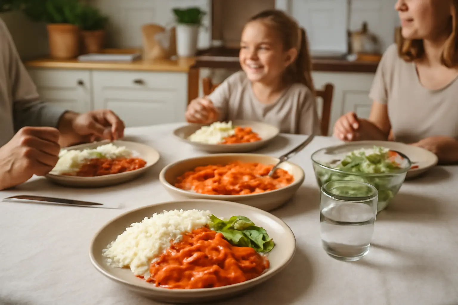 Familjemiddag i ett ljust svenskt kök med korvstroganoff på tallrikar och ett glas vatten bredvid