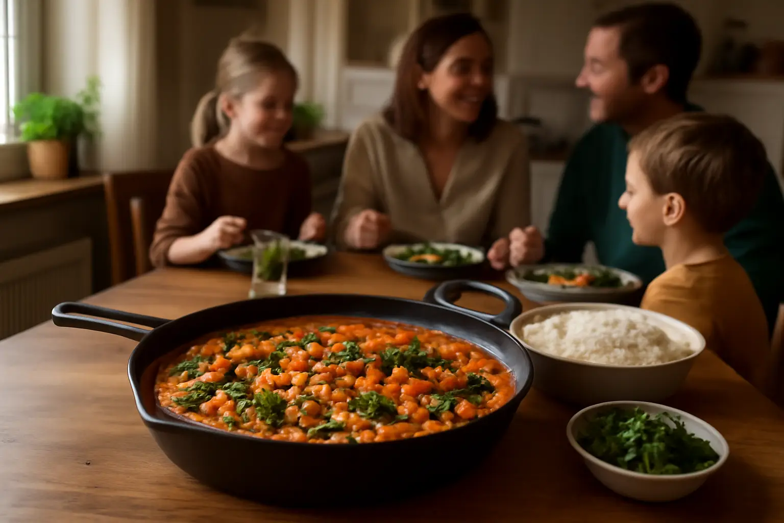 Ett varmt och inbjudande kök med en gryta kikärtsgryta serverad med ris, färska örter bredvid en gemytlig familjemiddag i bakgrunden