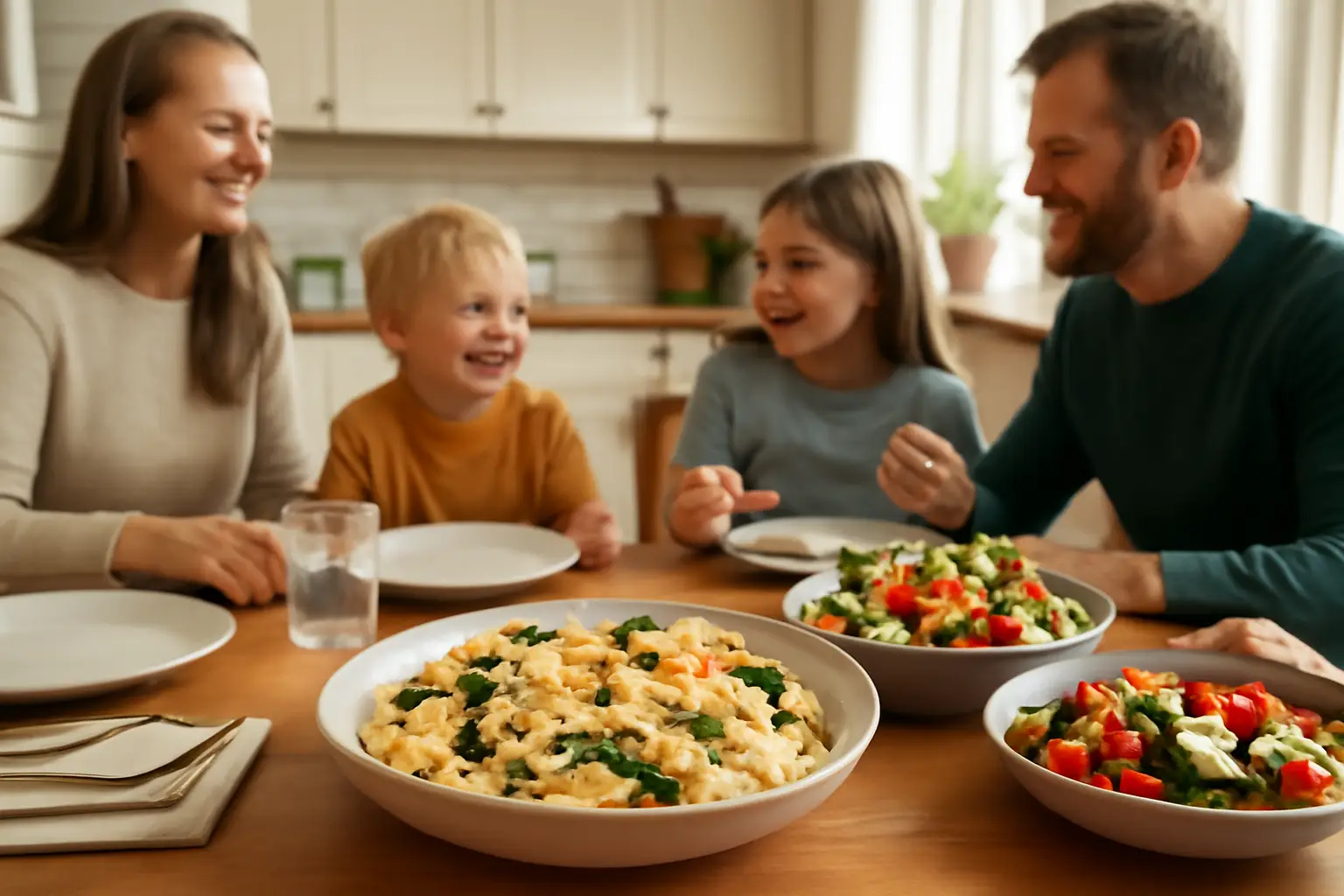 Ett dukat middagsbord i ett ljust kök med en skål krämig laxpasta, en färgglad sallad och glada familjemedlemmar runt bordet