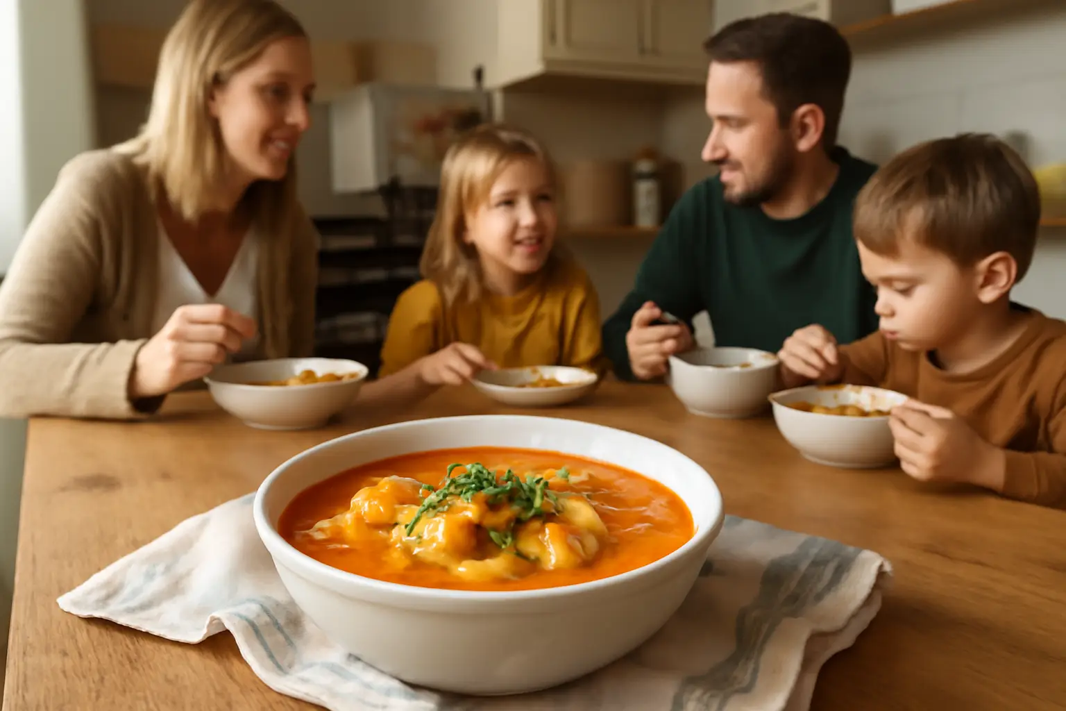 En varm skål med krämig laxsoppa dekorerad med färsk persilja i en ljus kökshandduk på ett träbord med familj i bakgrunden.