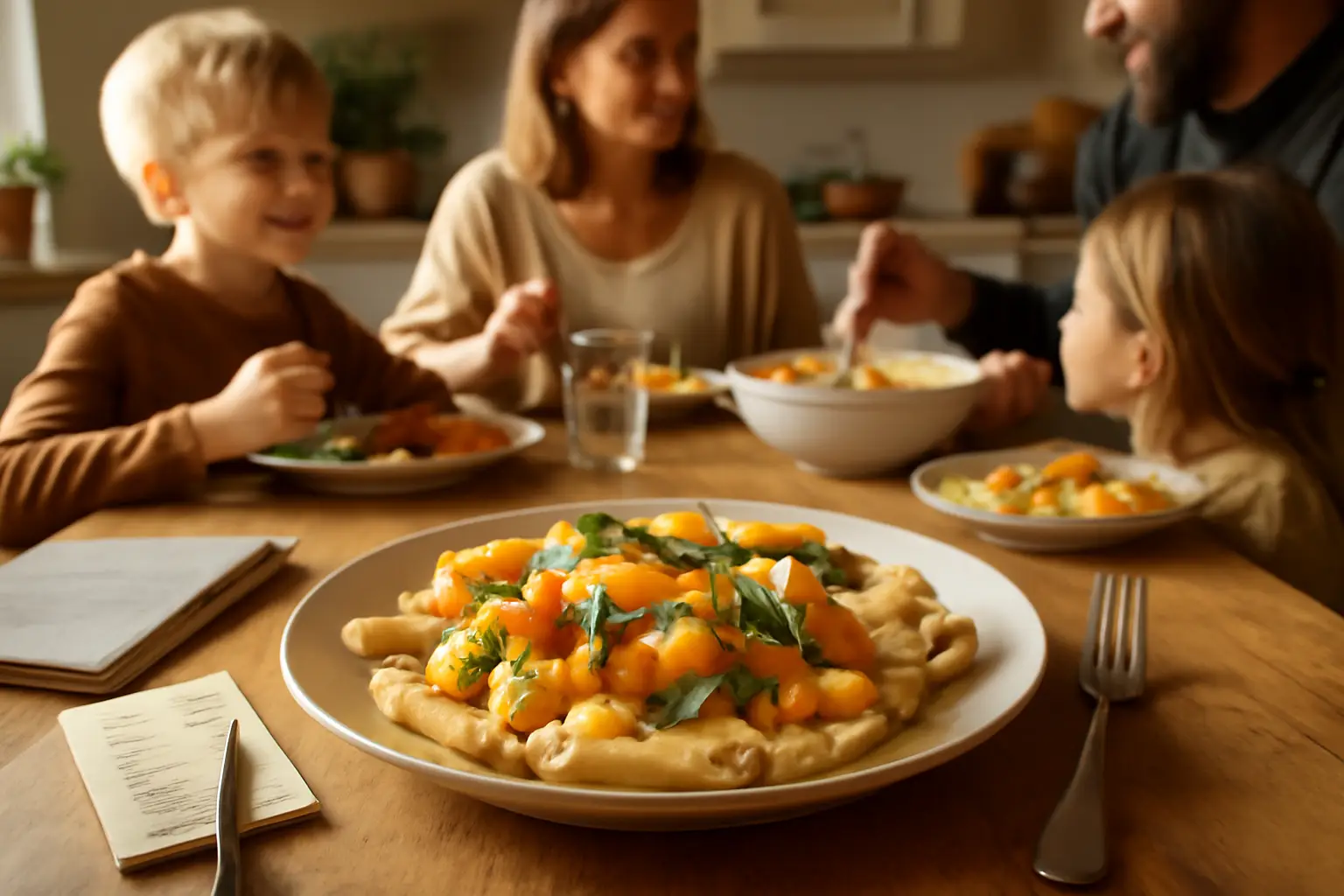 En varm och inbjudande tallrik med krämig pasta, rostade pumpabitar och färsk salvia i ett solbelyst kök där familjen samlas kring middagsbordet.