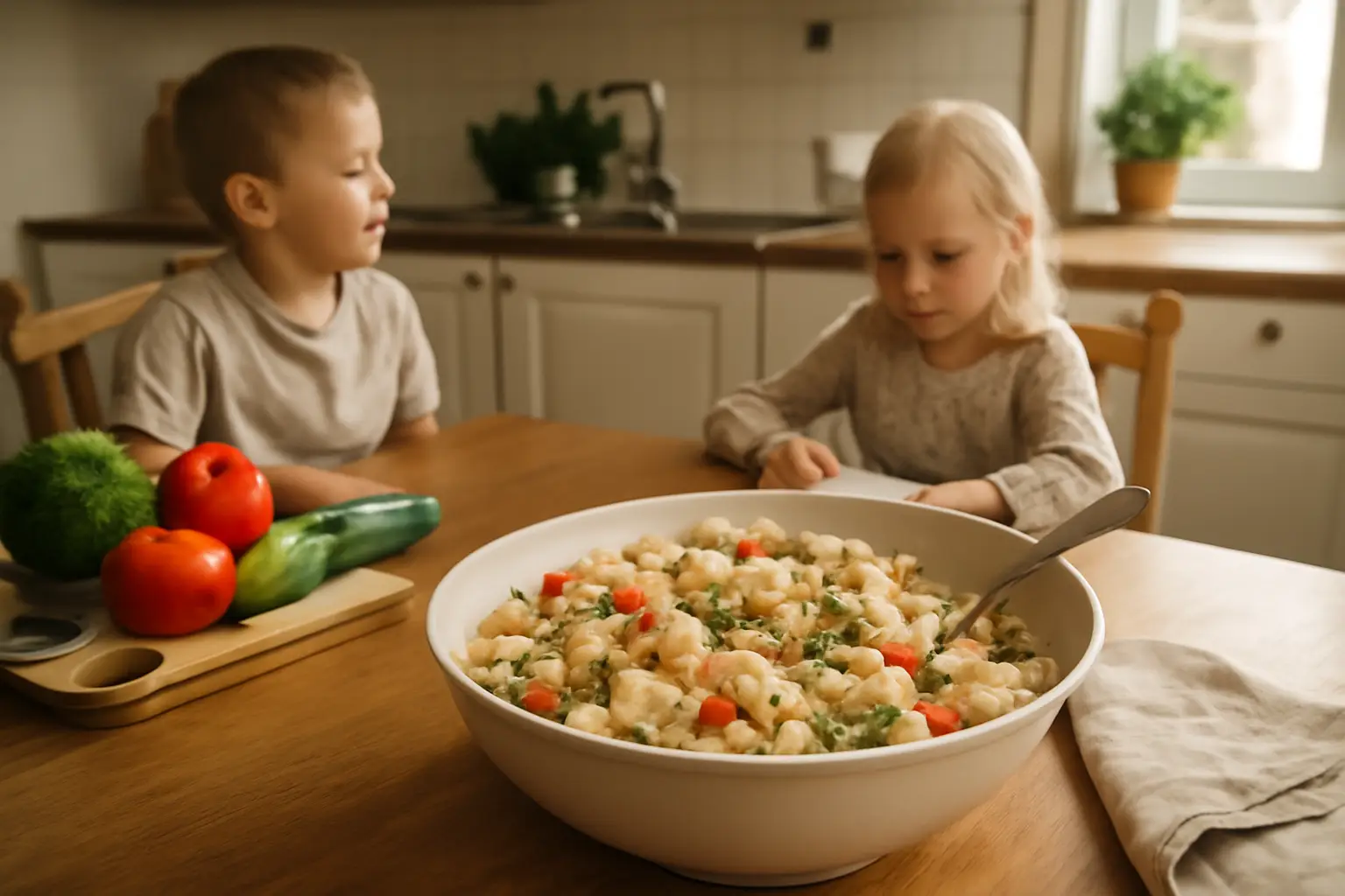 Ljusstark köksmiljö med en skål krämig pastasallad på bordet, barn i bakgrunden och färska grönsaker på bänken