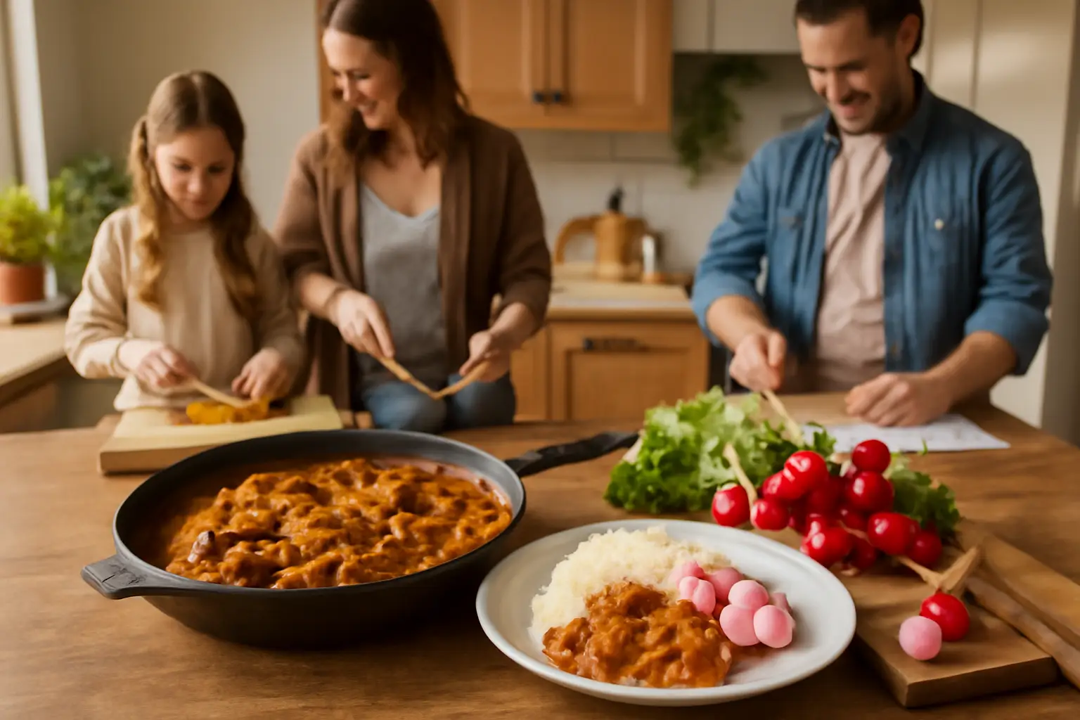 Kök med familj som lagar mat tillsammans, ljus inomhusmiljö, rustik biffstroganoff i grytan och färska rädisor på skärbräda