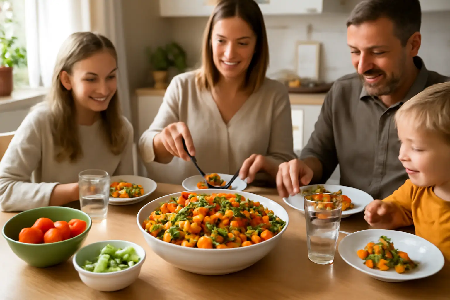 En familj samlad runt matbordet i ett ljust kök, där en stor skål med färgglad kycklingwok står mitt på bordet, omgiven av enkla serveringsskålar och färska grönsaker.