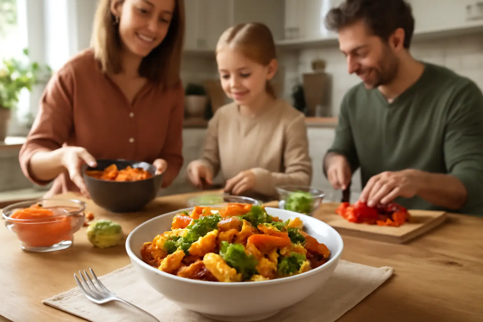 En ljus och hemtrevlig köksmiljö med en skål nygjord kycklingwok, färgglada grönsaker och en familj som förbereder middagen tillsammans