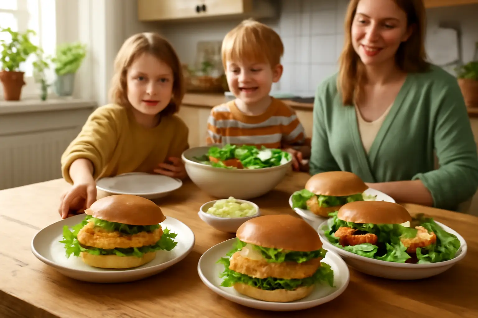 En solig familjemiddag i köket med barn som hjälper till att duka fram krispiga fiskburgare och färsk sallad på träbordet