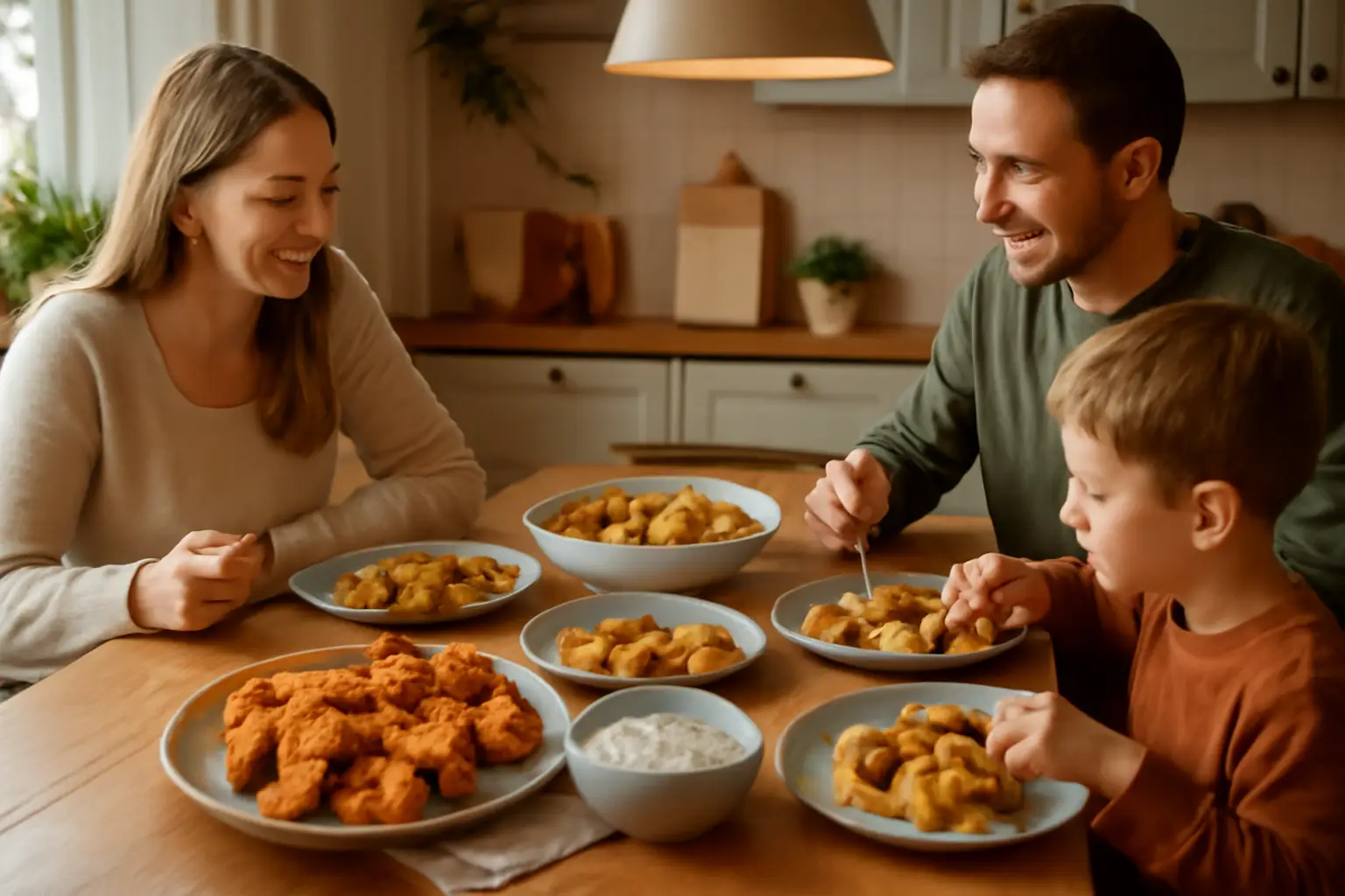 Ett mysigt kök med en familj runt bordet som äter hemlagade fiskpinnar med rostad potatis och dippsås under en ljus kväll i Sverige