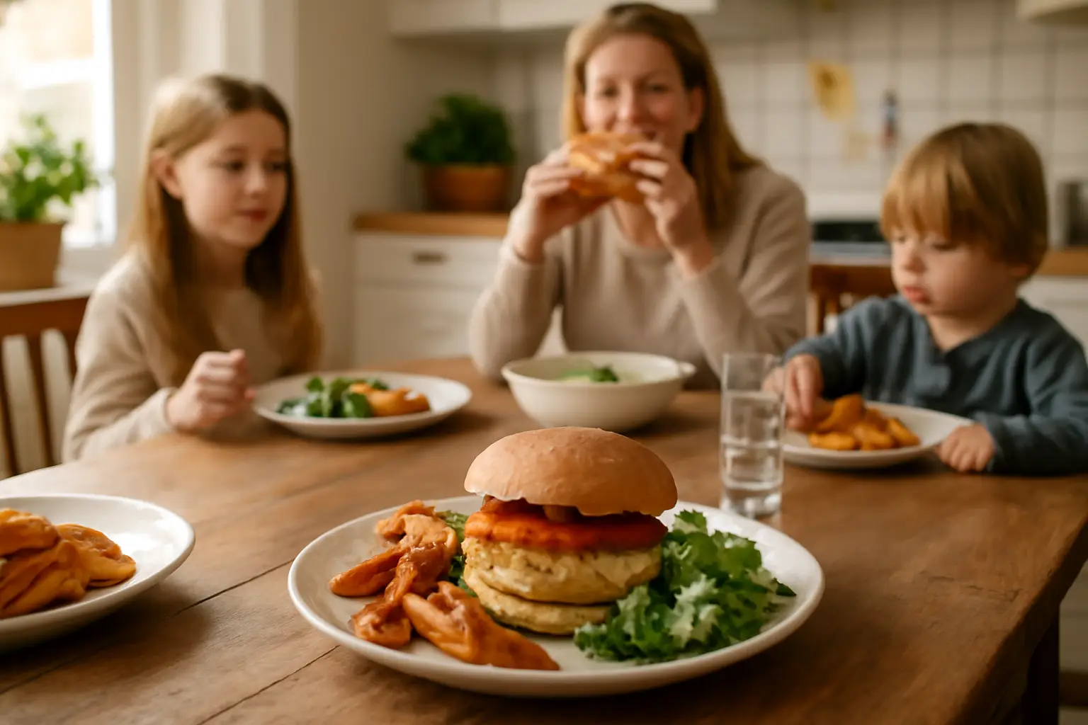 En ljus och inbjudande köksmiljö med ett rustikt träbord där en tallrik med krispig halloumiburgare, rostad sötpotatis och grönsallad står, omgiven av familjemedlemmar i bakgrunden.
