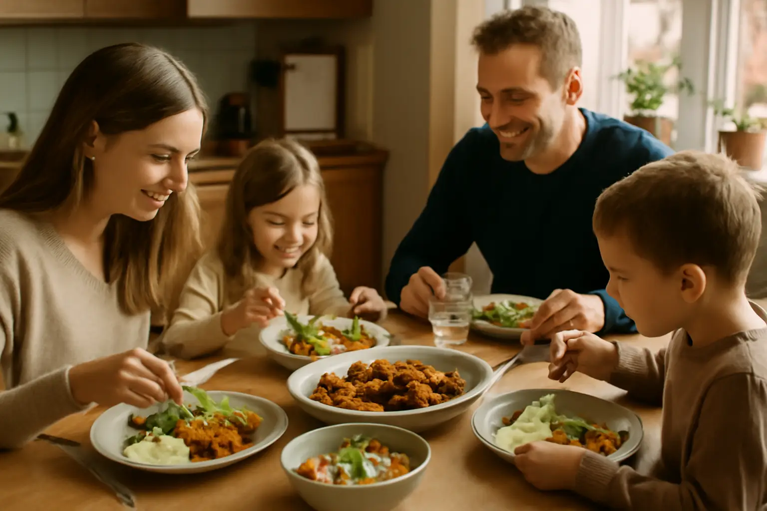 Ett mysigt svenskt kök med familj runt bordet som njuter av kikärtsbullar, färsk sallad och yoghurtsås.