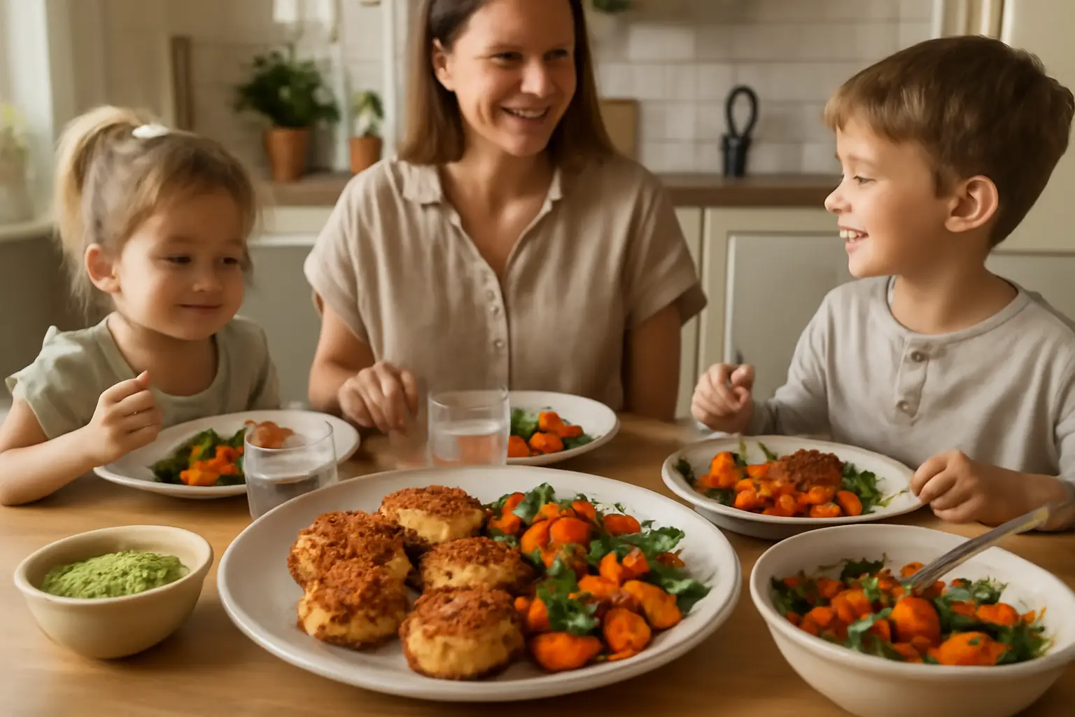 En familjemiddag med krispiga kycklingbiffar, grönsaker och pestosås på ett dukat bord i ett ljust svenskt kök