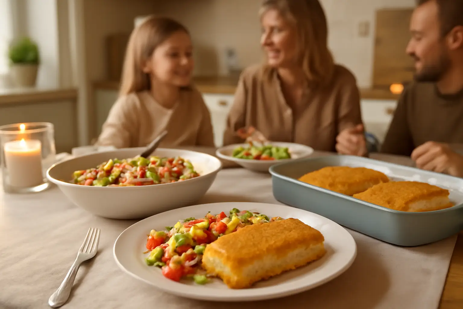 En varm familjemiddag med ugnsstekt panerad torsk på tallrik, bredvid en färgglad pastasallad, i ett ljust svenskt kök en vanlig vardagskväll.