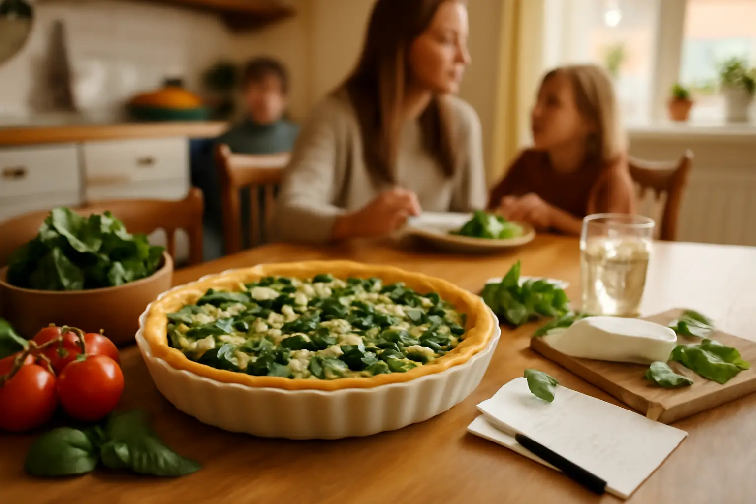 En välfylld vegetarisk paj på köksbordet, omgiven av färska ingredienser och ett familjehus i bakgrunden.