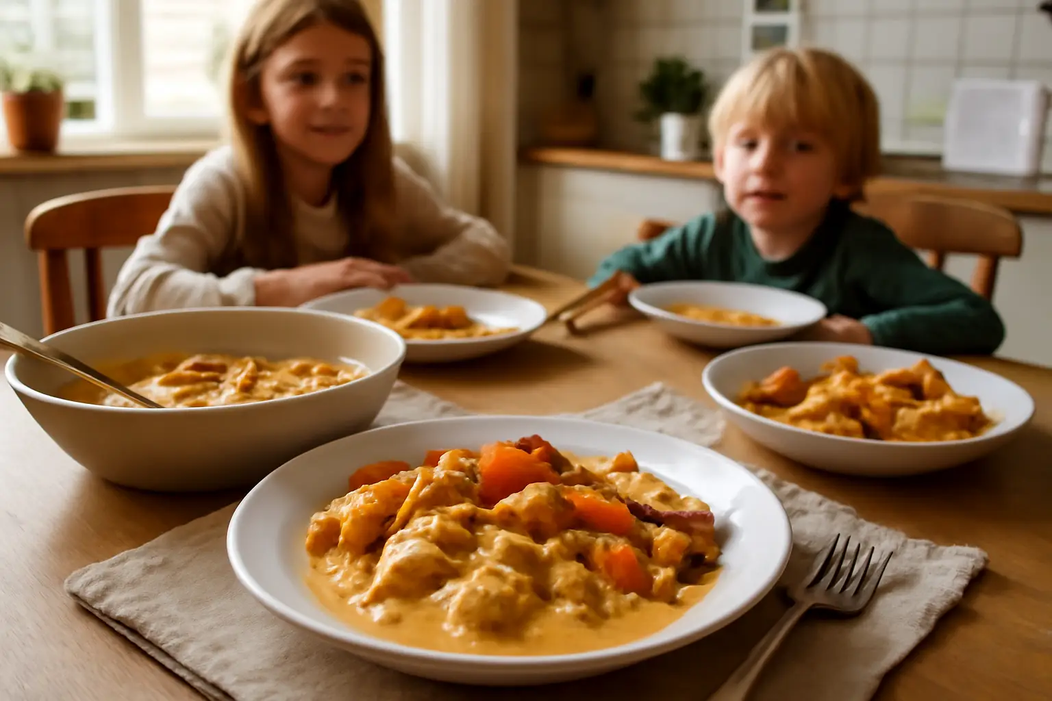 En tallrik med värmande kycklinggryta och rostade rotsaker vid ett mysigt köksbord hemma i Sverige, med barn som väntar vid bordet.