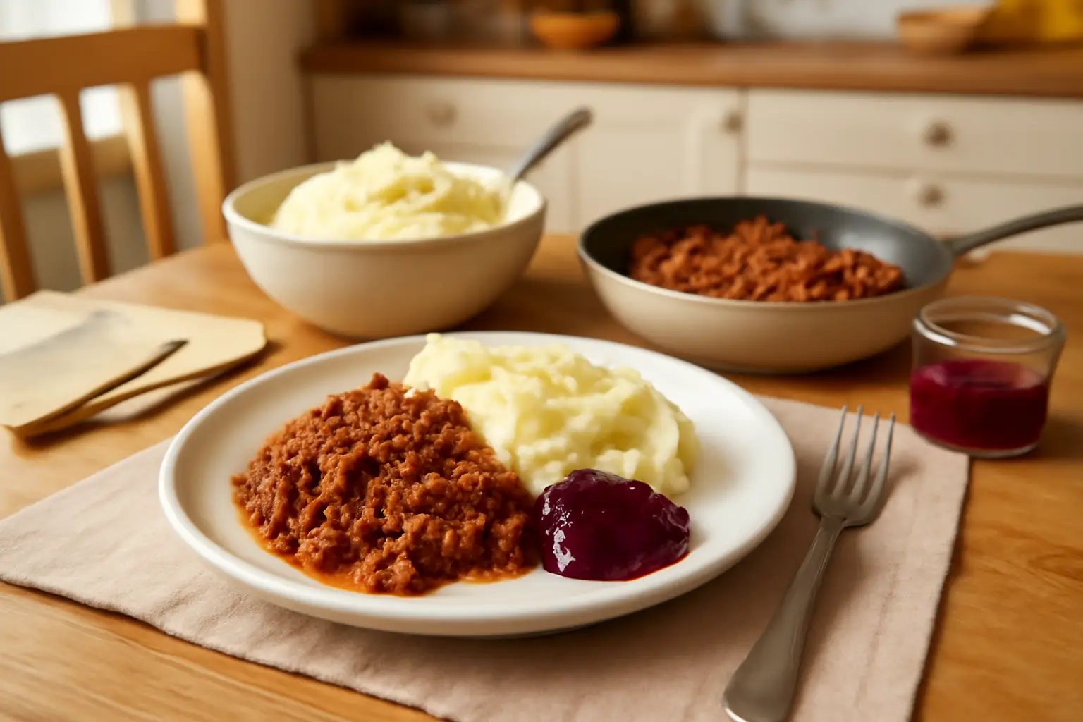 En barnvänlig tallrik med mustig gulasch, krämigt potatismos och en klick lingonsylt i ett ljust svenskt kök
