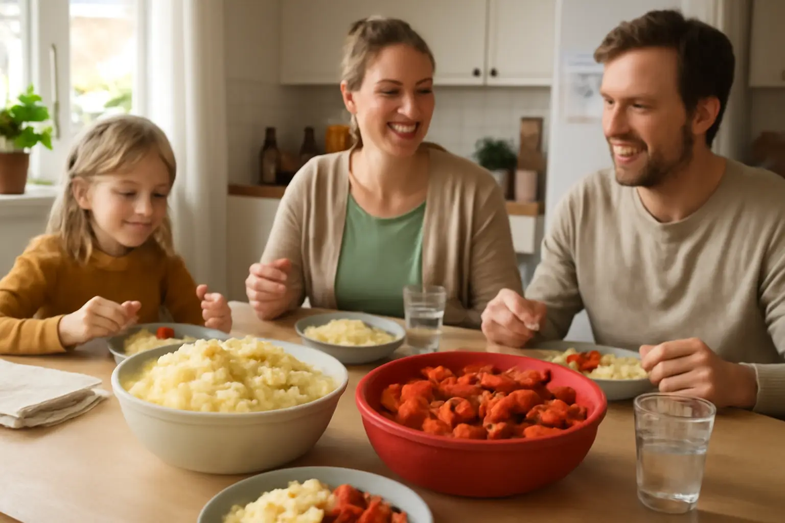 En ljus köksmiljö med en familj som njuter av middagen runt bordet, korvgryta och potatismos i stora skålar.