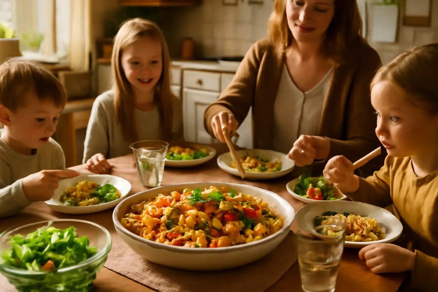 Ett gäng barn och vuxna runt ett vardagsrumsbord med hemlagad pasta och sallad, en solig eftermiddag i ett mysigt svenskt kök