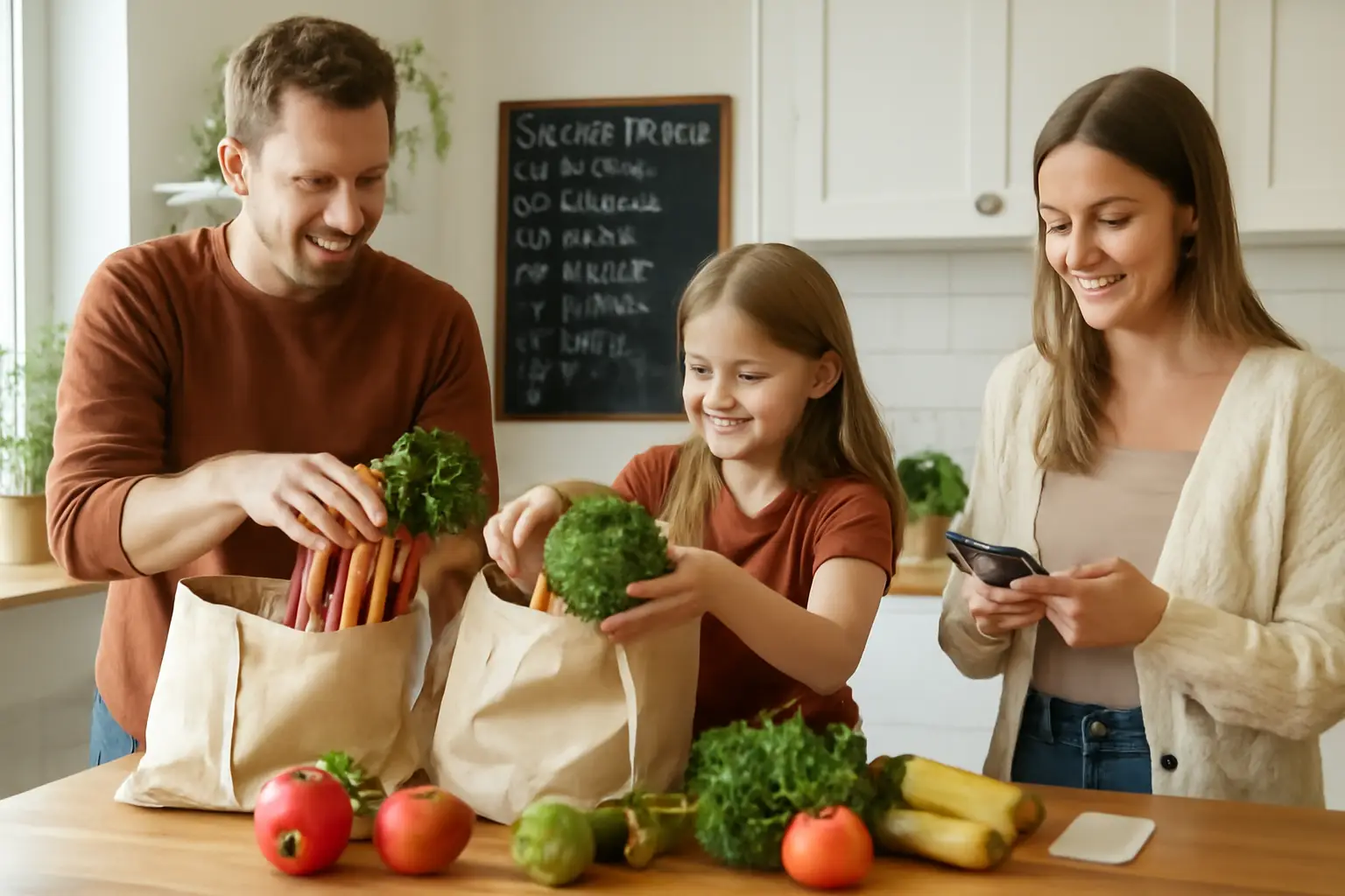 Familj i ett ljust kök som packar upp matkassar med färska grönsaker och frukt från säsongen, en handskriven veckoplanering på väggen i bakgrunden.