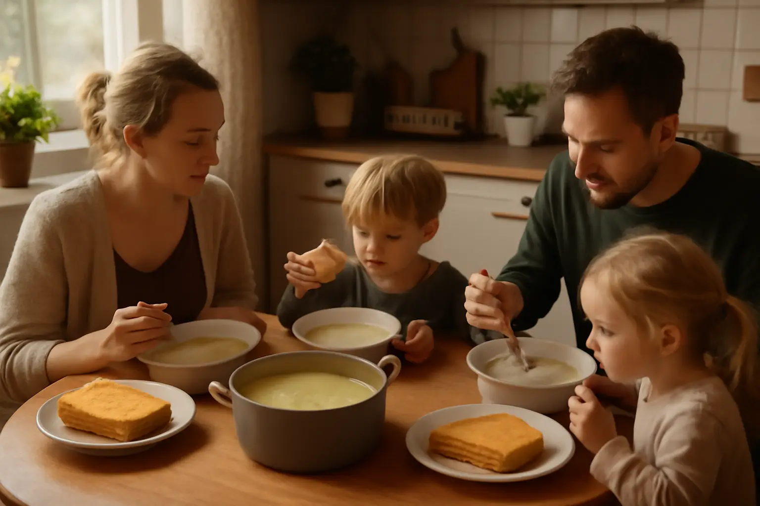 En familj runt ett köksbord med skålar fyllda med krämig potatissoppa och rostade ostmackor, ljuset från köksfönstret och mysig stämning
