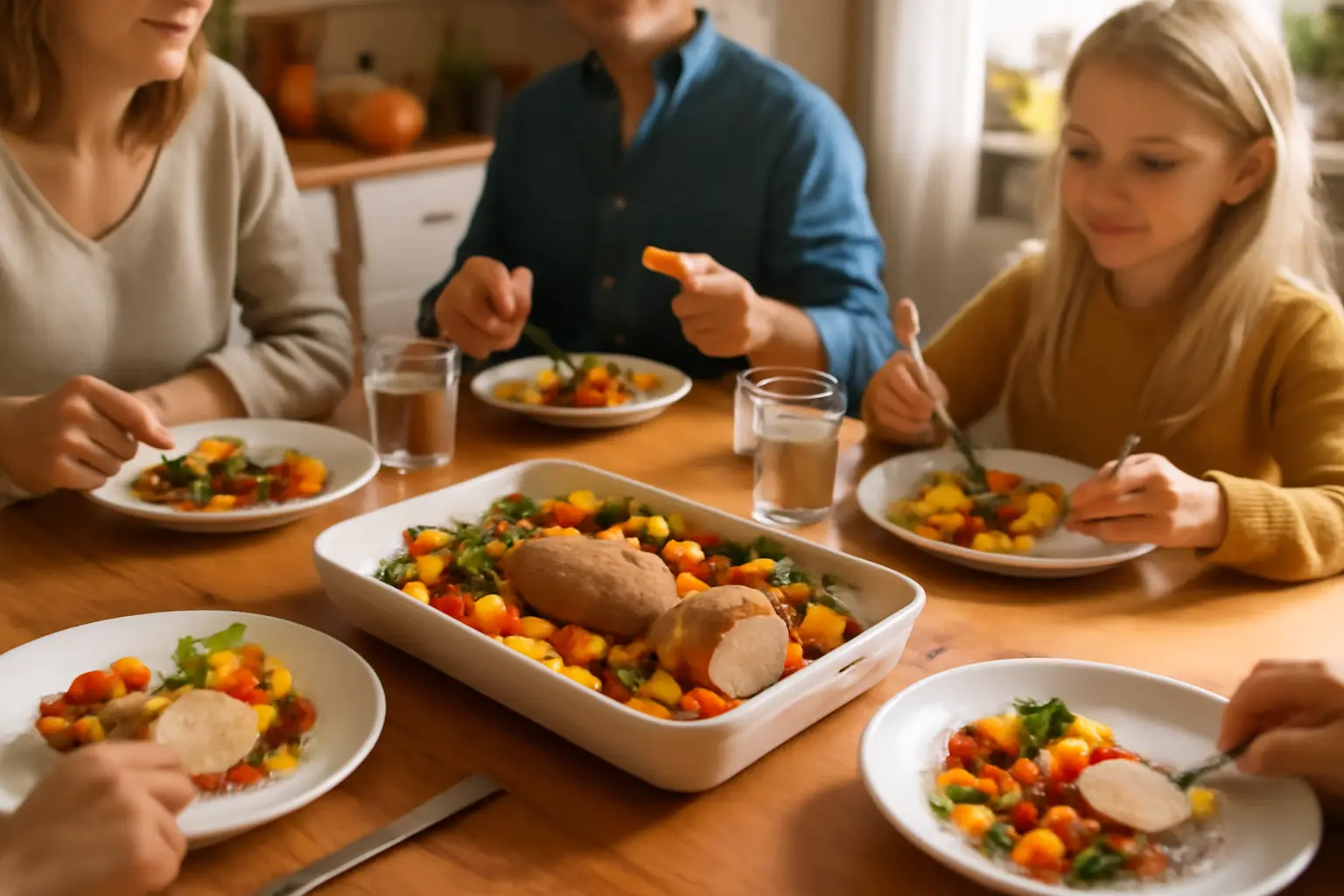 Familjemiddag runt köksbordet med ugnsbakad fläskfilé och rostade grönsaker, varmt och hemtrevligt