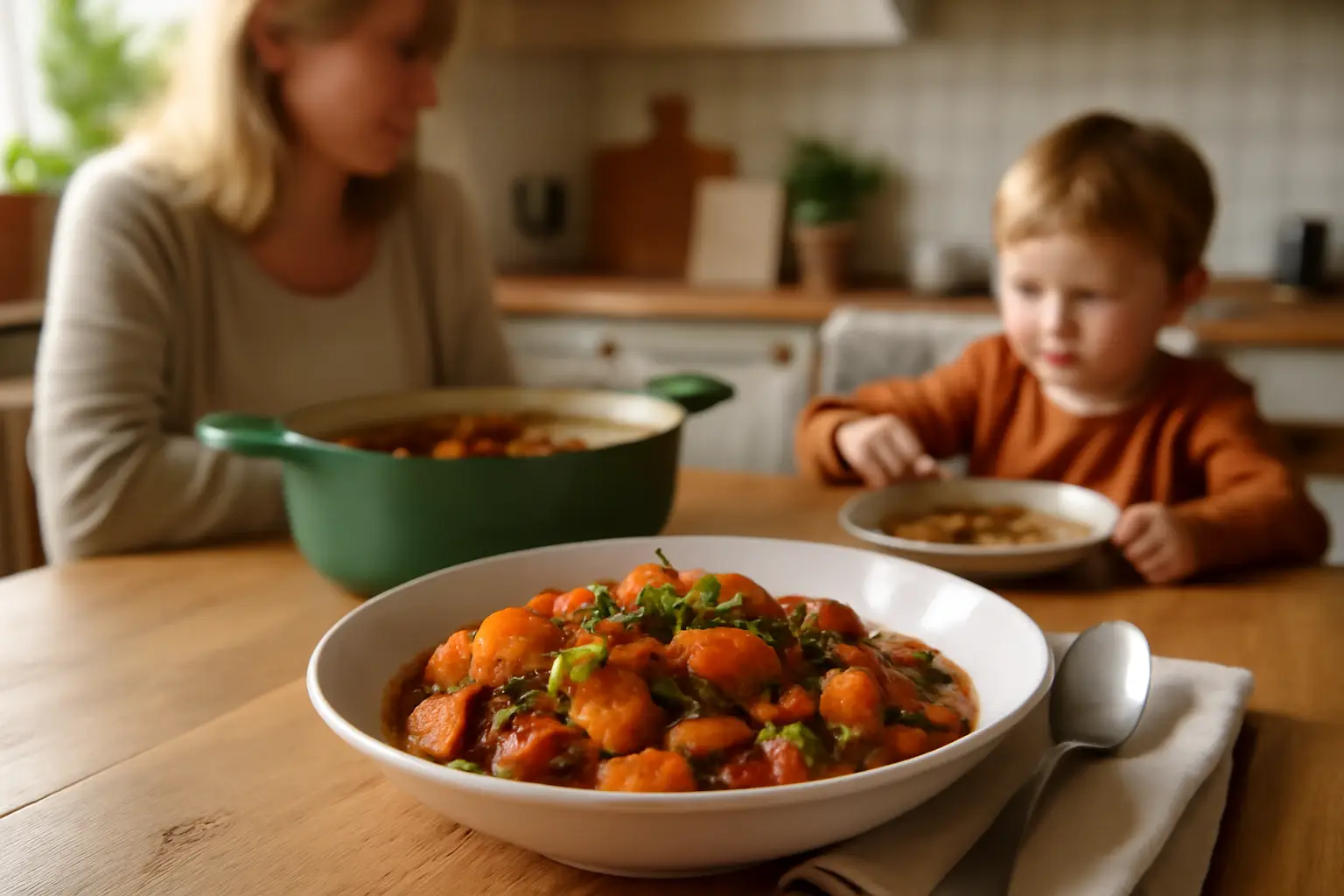 En varm kycklinggryta serverad i djup tallrik med sötpotatis och färska grönsaker i ett svenskt kök med familjevänlig atmosfär.