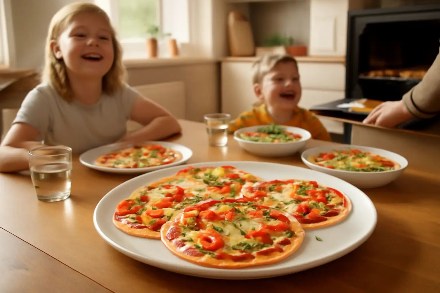 Ett vardagsbord med färgglada tortillapizzor, skållande ugn och glada barn runt bordet i ett ljust kök