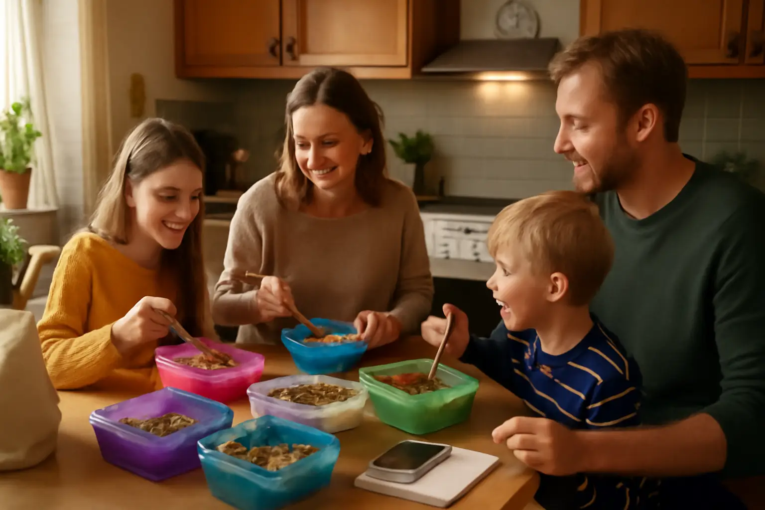 En svensk familj som sitter runt köksbordet i ett varmt kök och äter rester tillsammans, med färgglada matlådor på bordet.