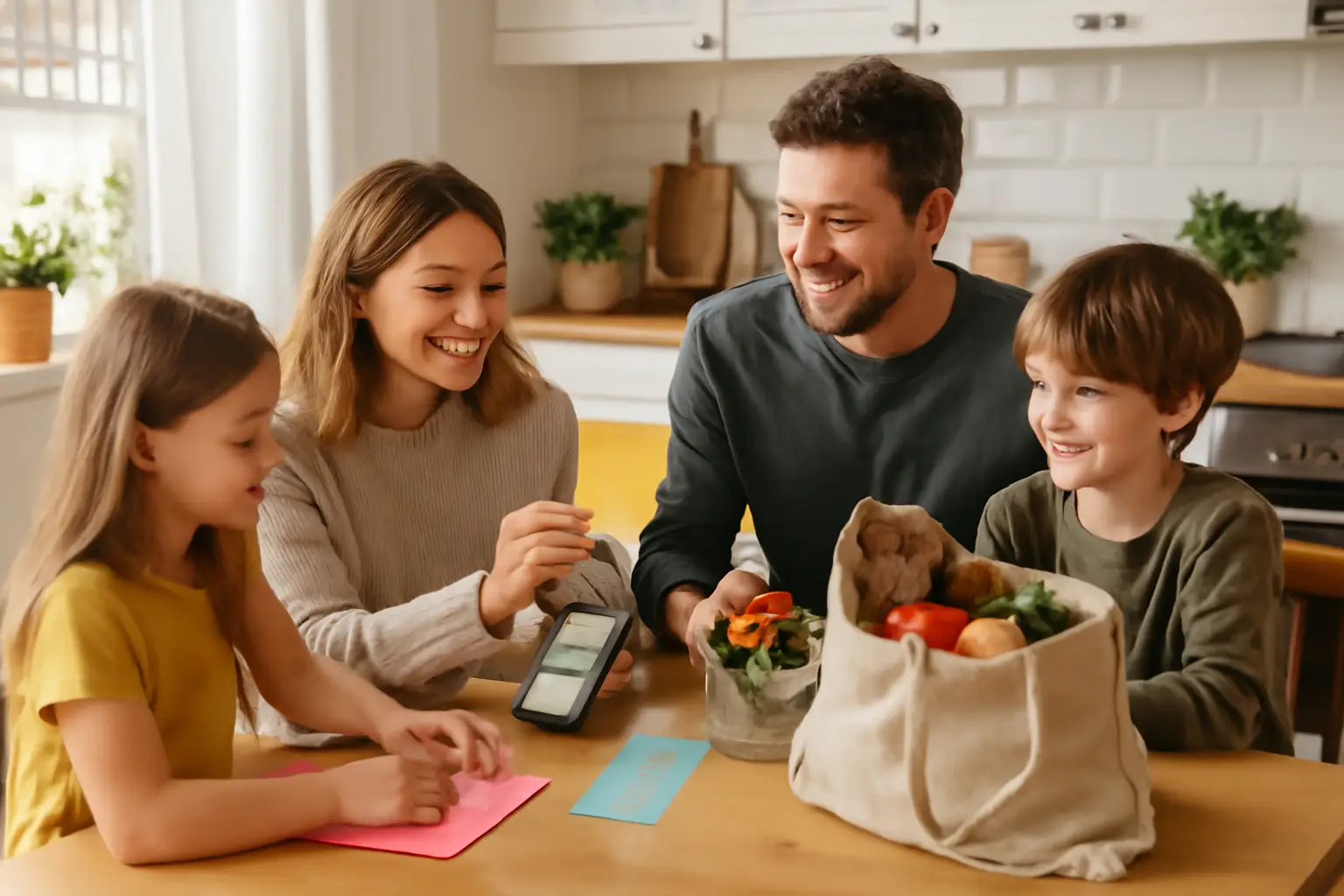 Familj samlad vid köksbordet med färgglada inköpslistor och shoppingpåsar, i ett ljust svenskt kök
