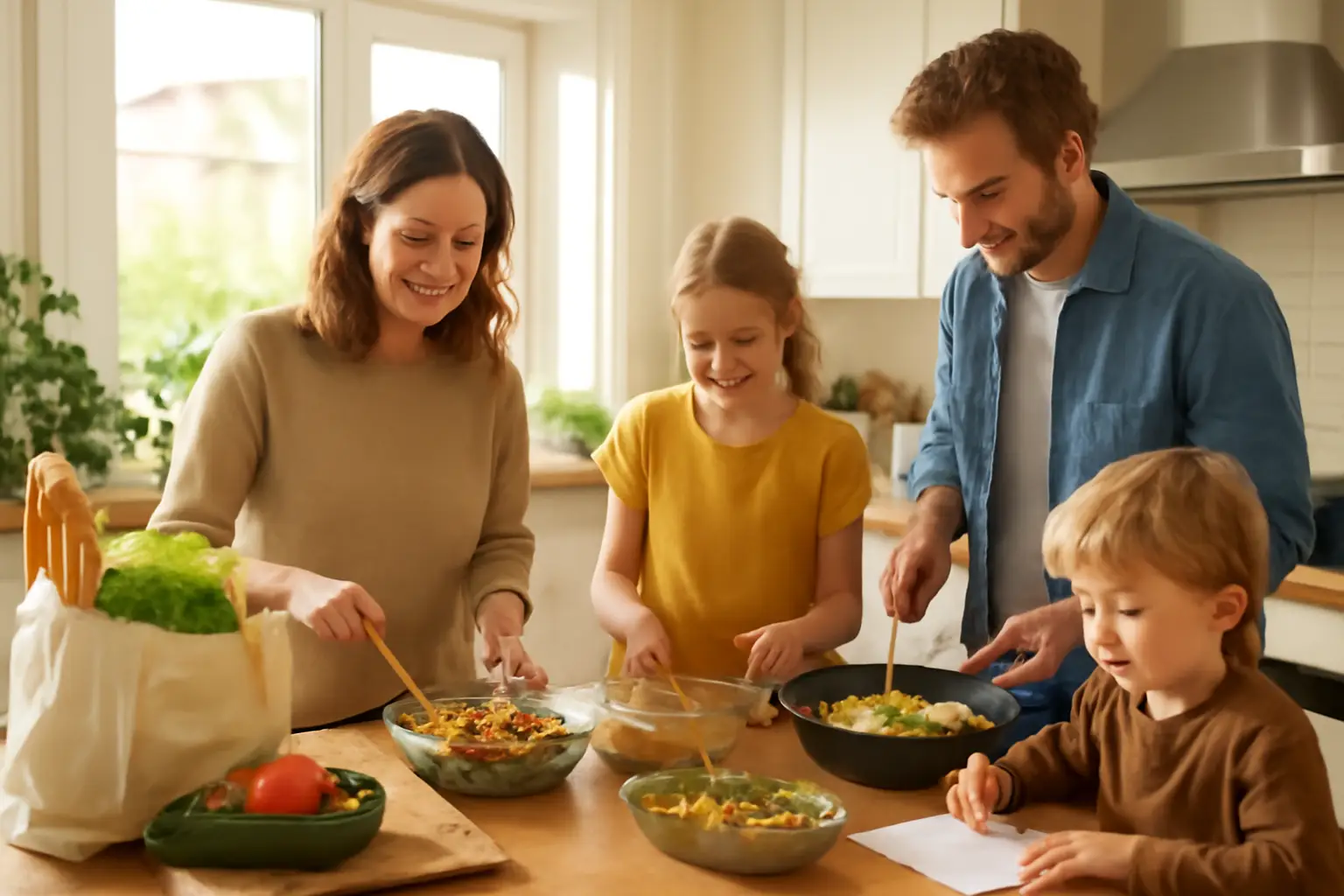 Solsken i ett ljust svenskt kök där en familj lagar mat tillsammans och delar upp rester i matlådor