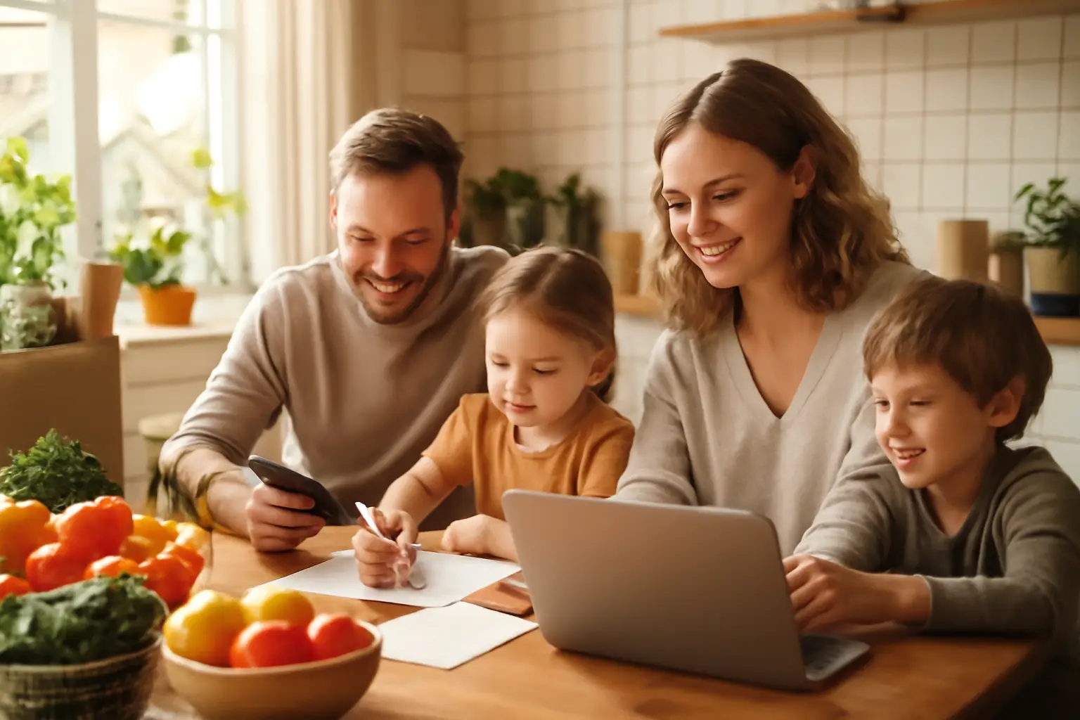 Familj planerar inköpslistor tillsammans kring köksbordet med en laptop och papper, solsken i rummet