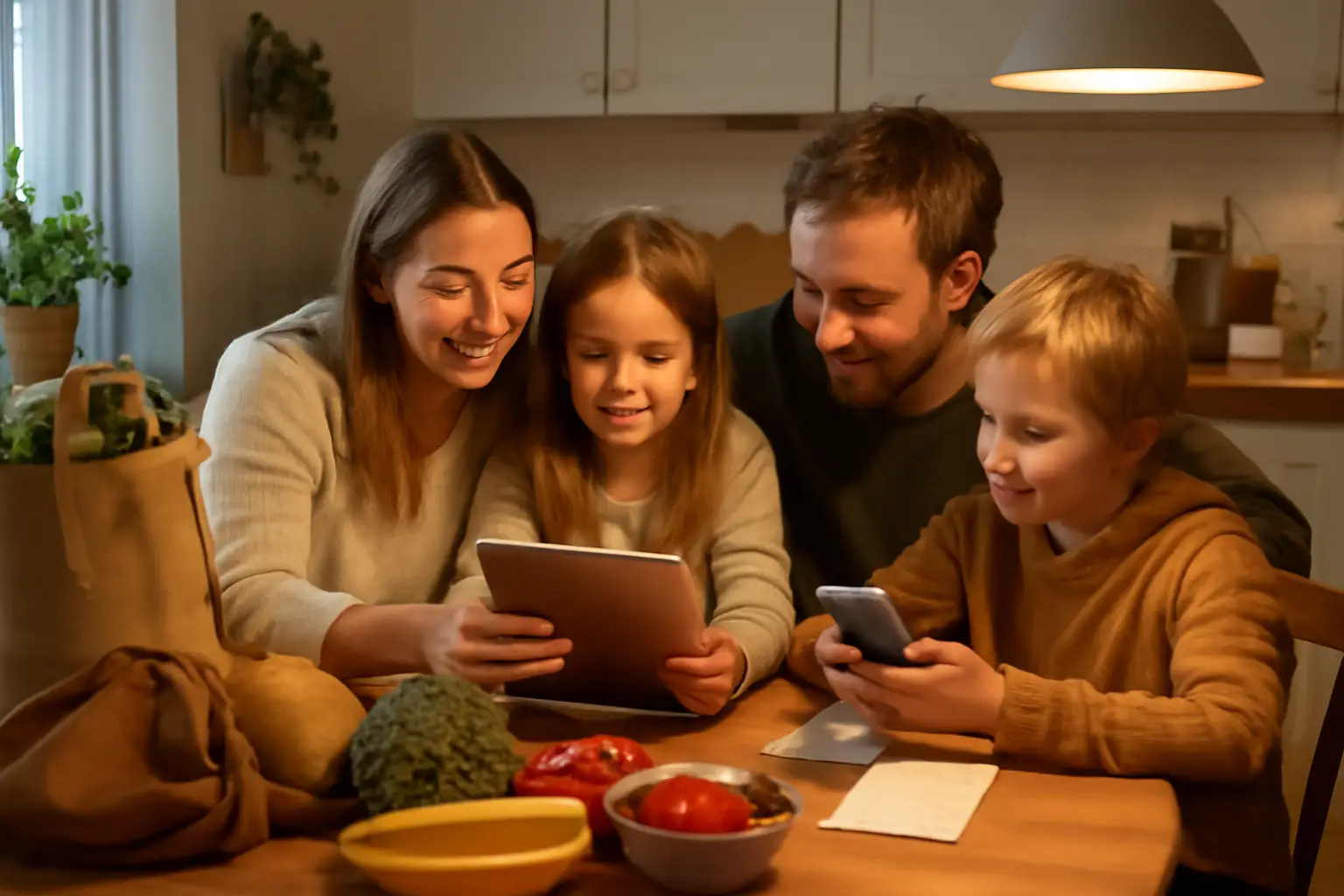 Eftermiddagsstund i köket med familjen som sitter ihopklumpade runt köksbordet med tablet och mobil för att göra en gemensam inköpslista