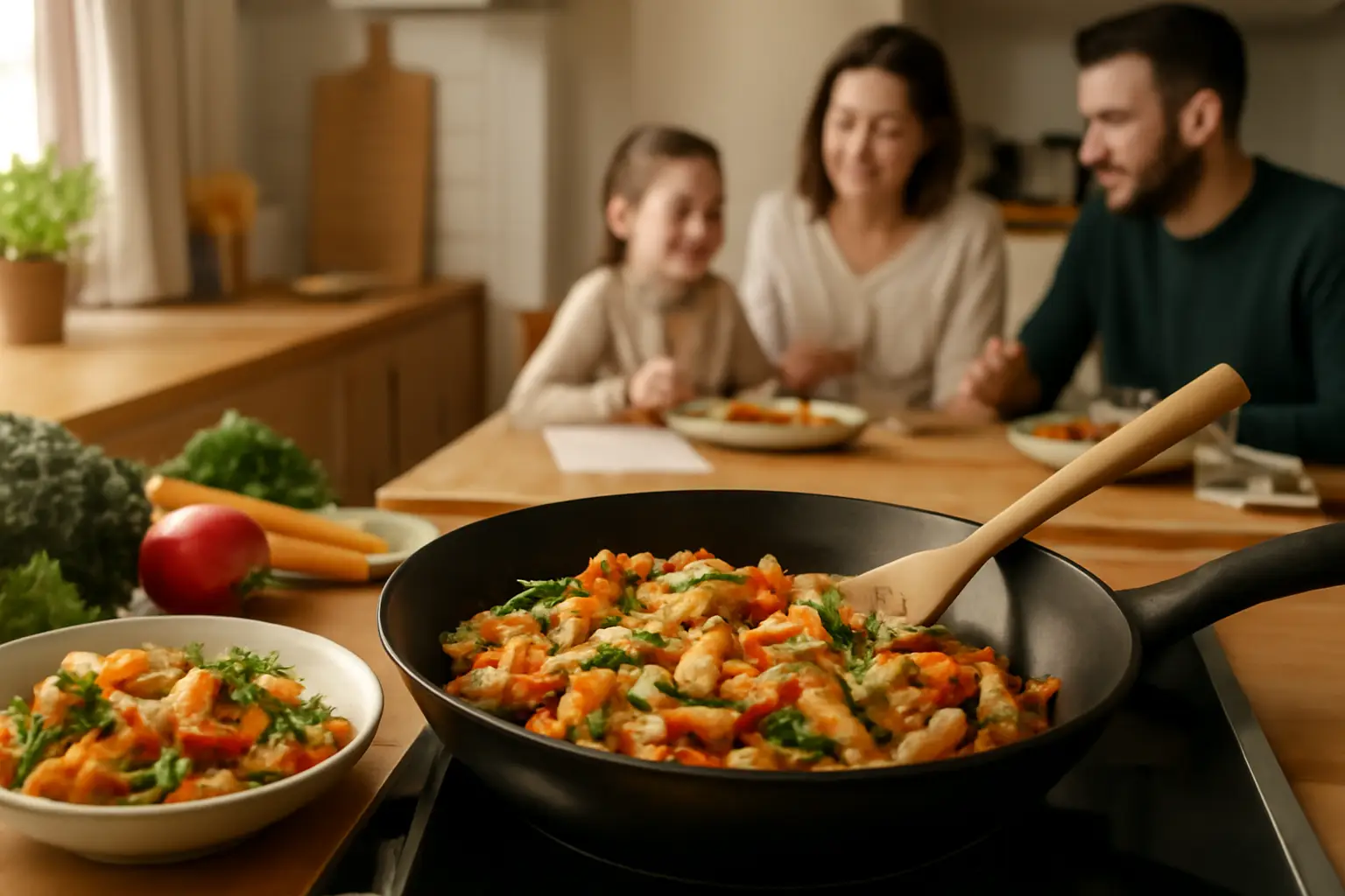 Familjekök med färska grönsaker, stekpanna med kycklingwok på spisen och dukat bord med familj runt