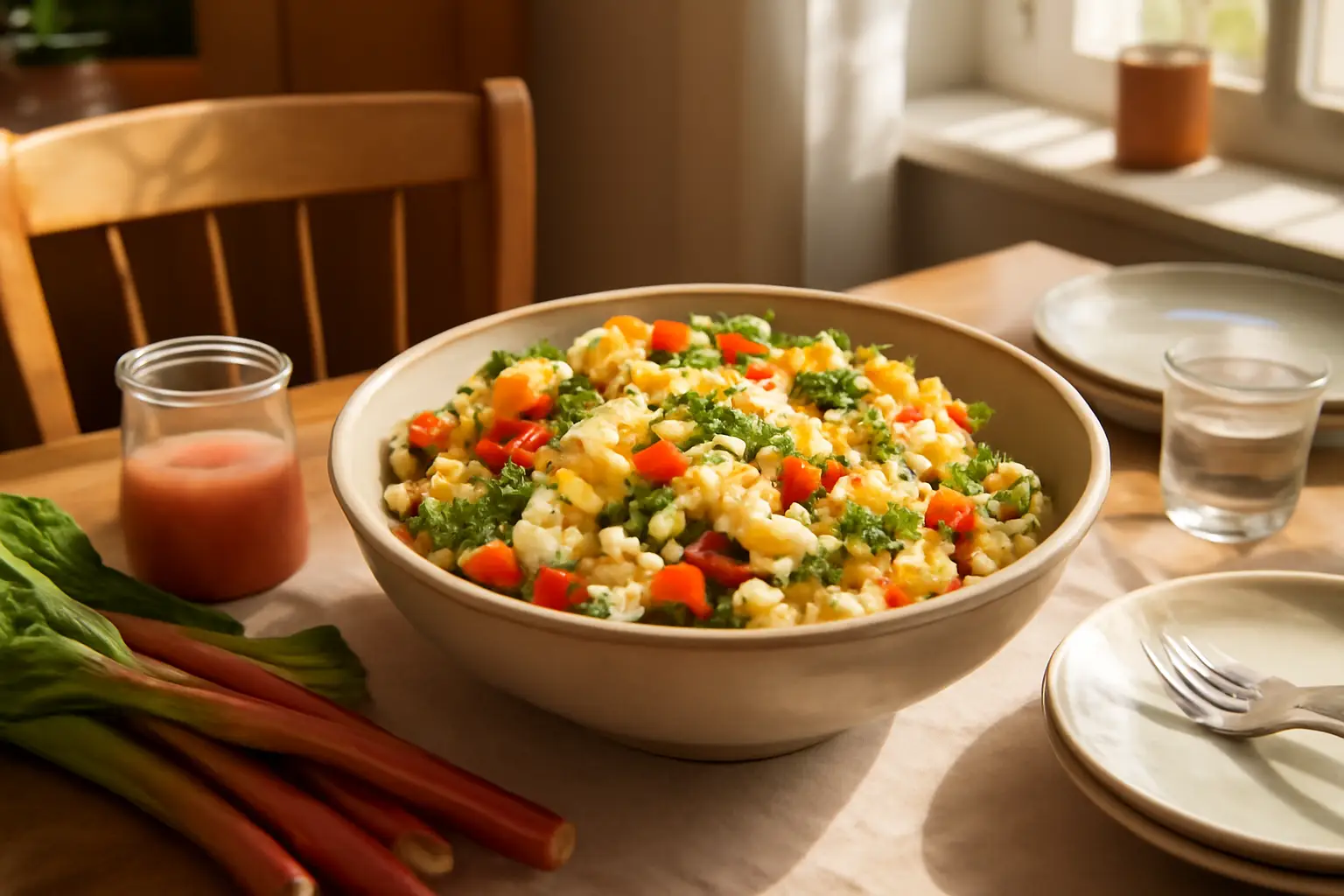 En dukad köksbordsscen med en stor skål pastasallad, färsk rabarber och en ljus sommarsol som lyser in genom fönstret