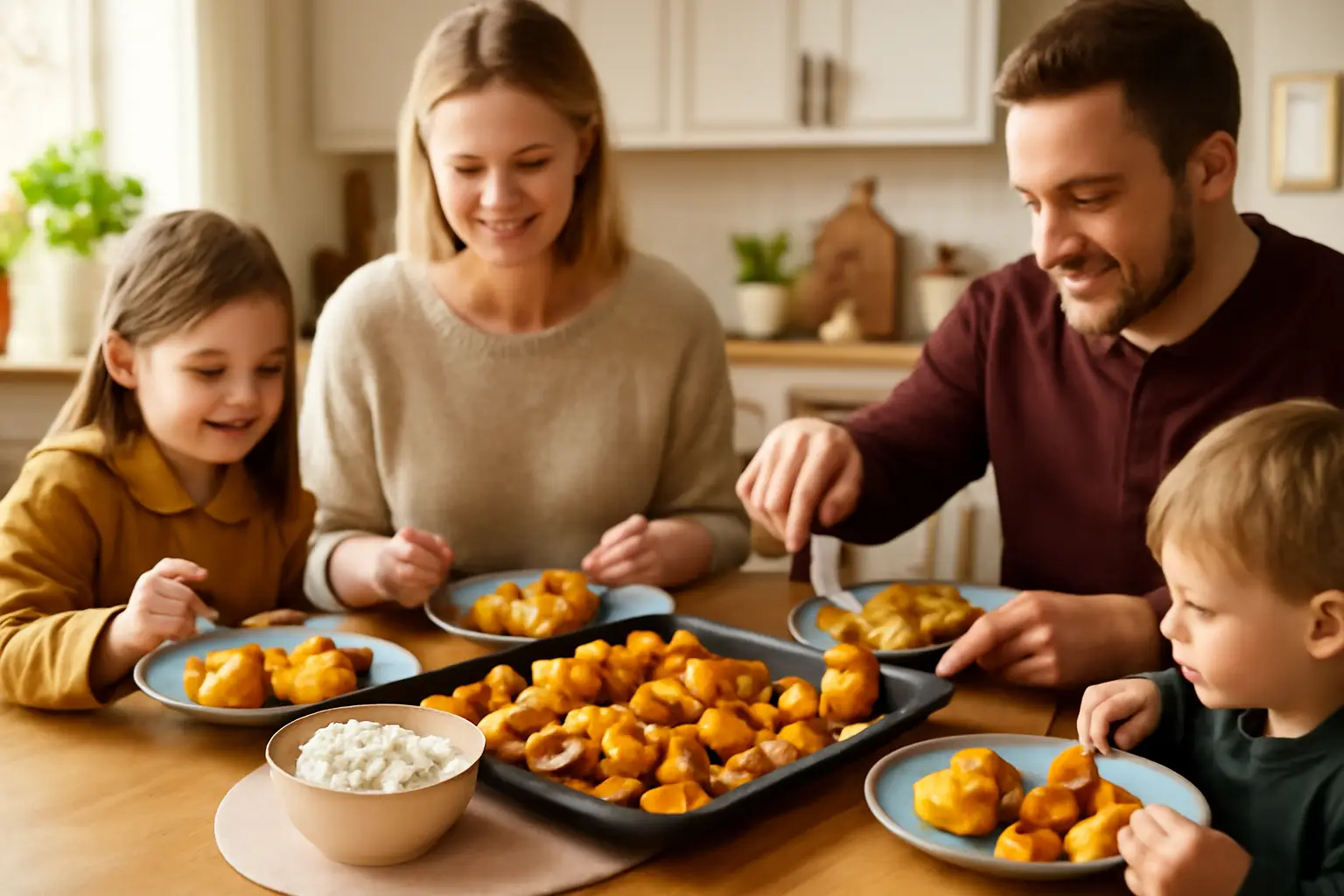 Cozy kitchen scene with a Swedish family gathered around the table enjoying roasted potatoes, vegetables and a creamy feta dip, bright and warm atmosphere.