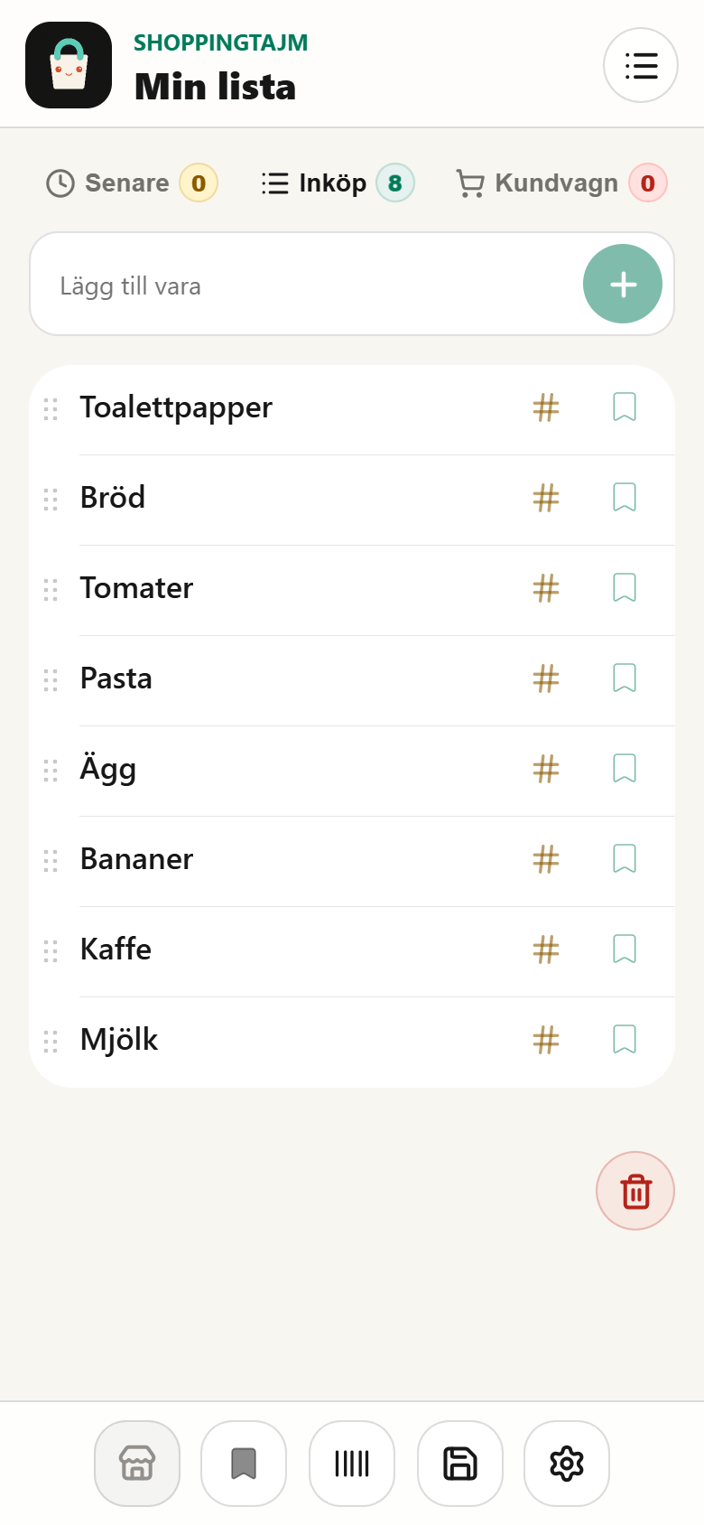 Shoppingtajm ink&ouml;pslista app med varor, favoriter och kundvagn p&aring; mobil